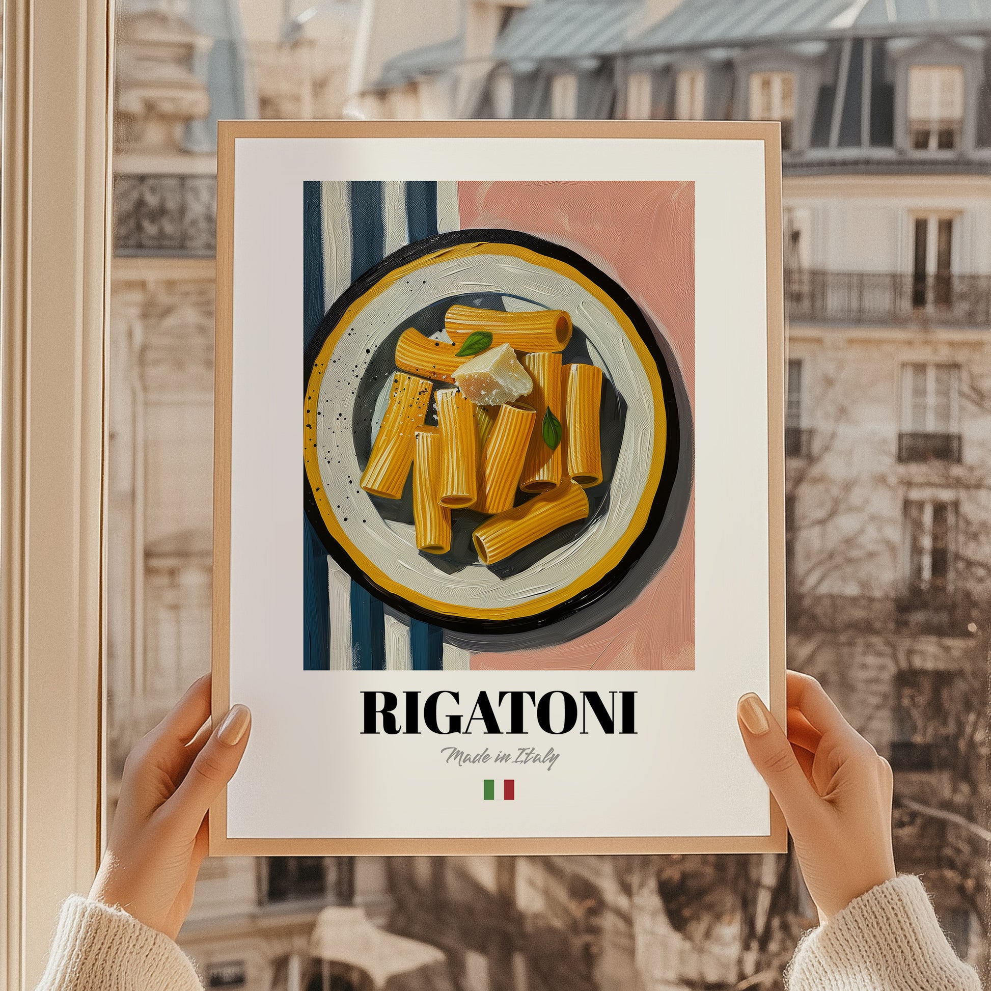 Rigatoni – Italian Pasta, Restaurant Poster, styled in a charming Paris street view