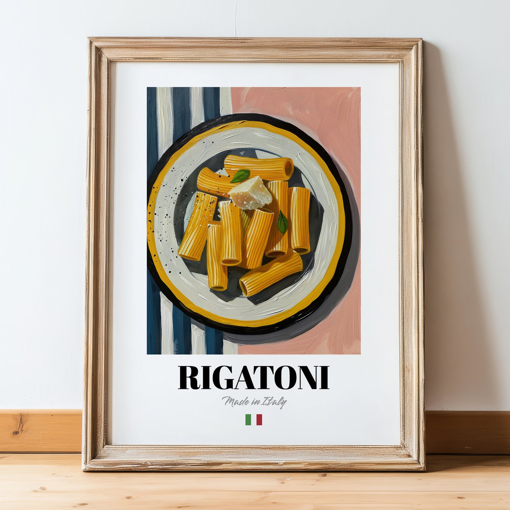 Rigatoni – Italian Pasta, Restaurant Poster, in wooden frame leaning on the floor