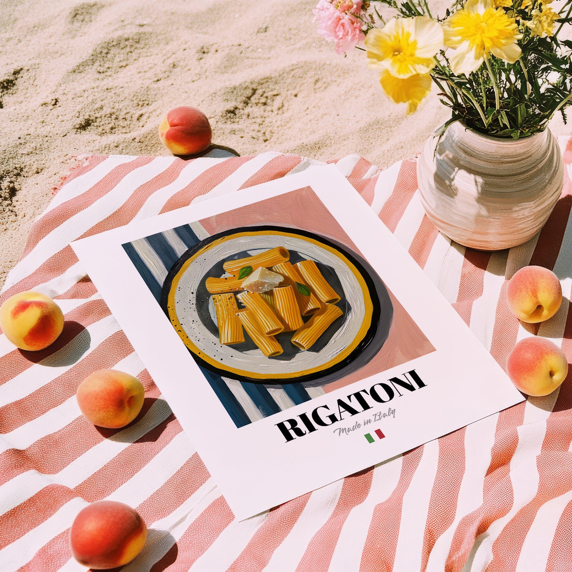 Rigatoni – Italian Pasta, Restaurant Poster, unframed on coastal sand