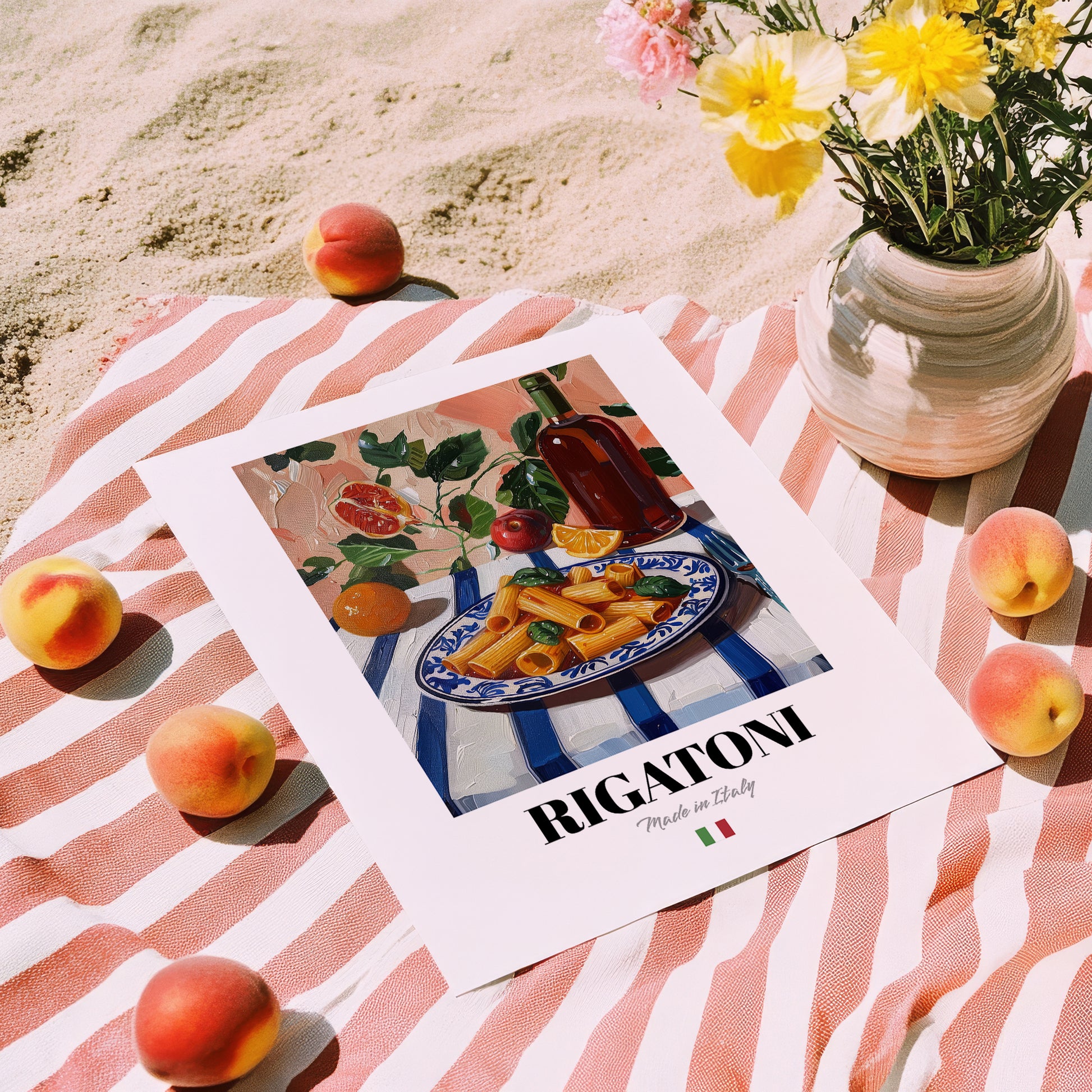 Rigatoni – Italian Pasta, Ristorante Wall Decor, unframed on coastal sand