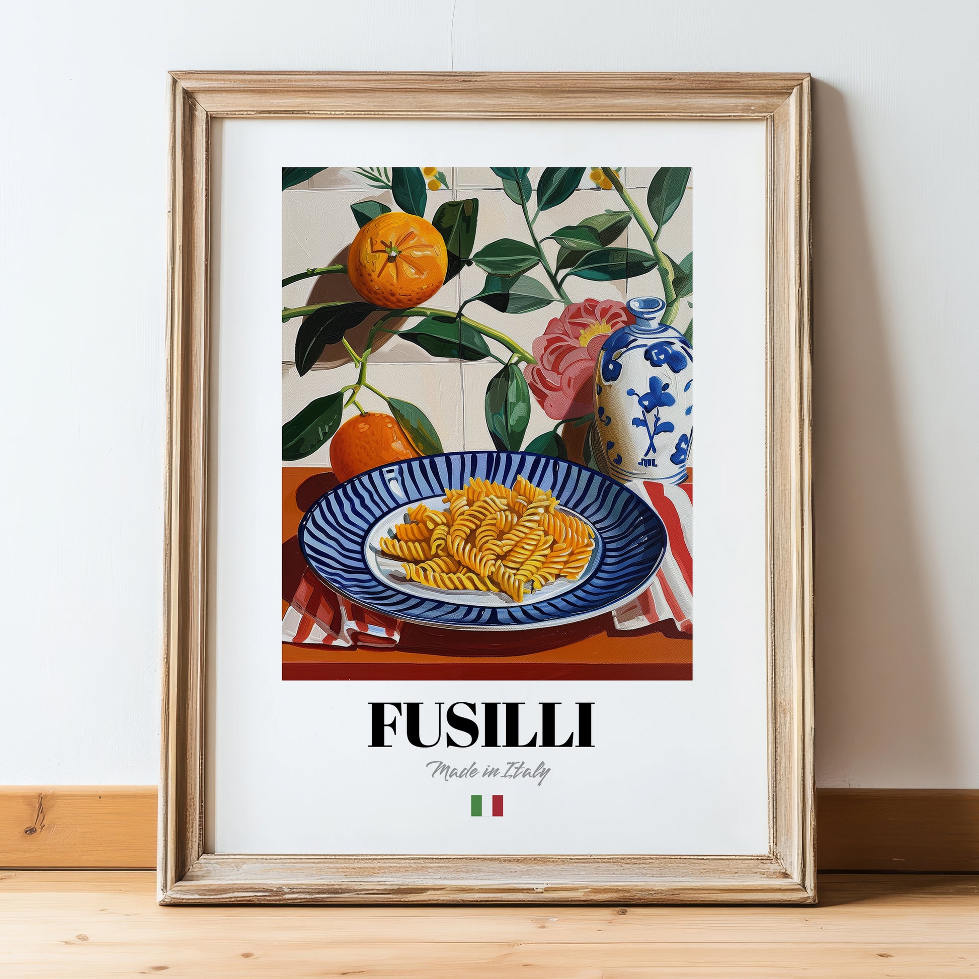 Fusilli – Italian Pasta, Restaurant Poster, in wooden frame leaning on the floor