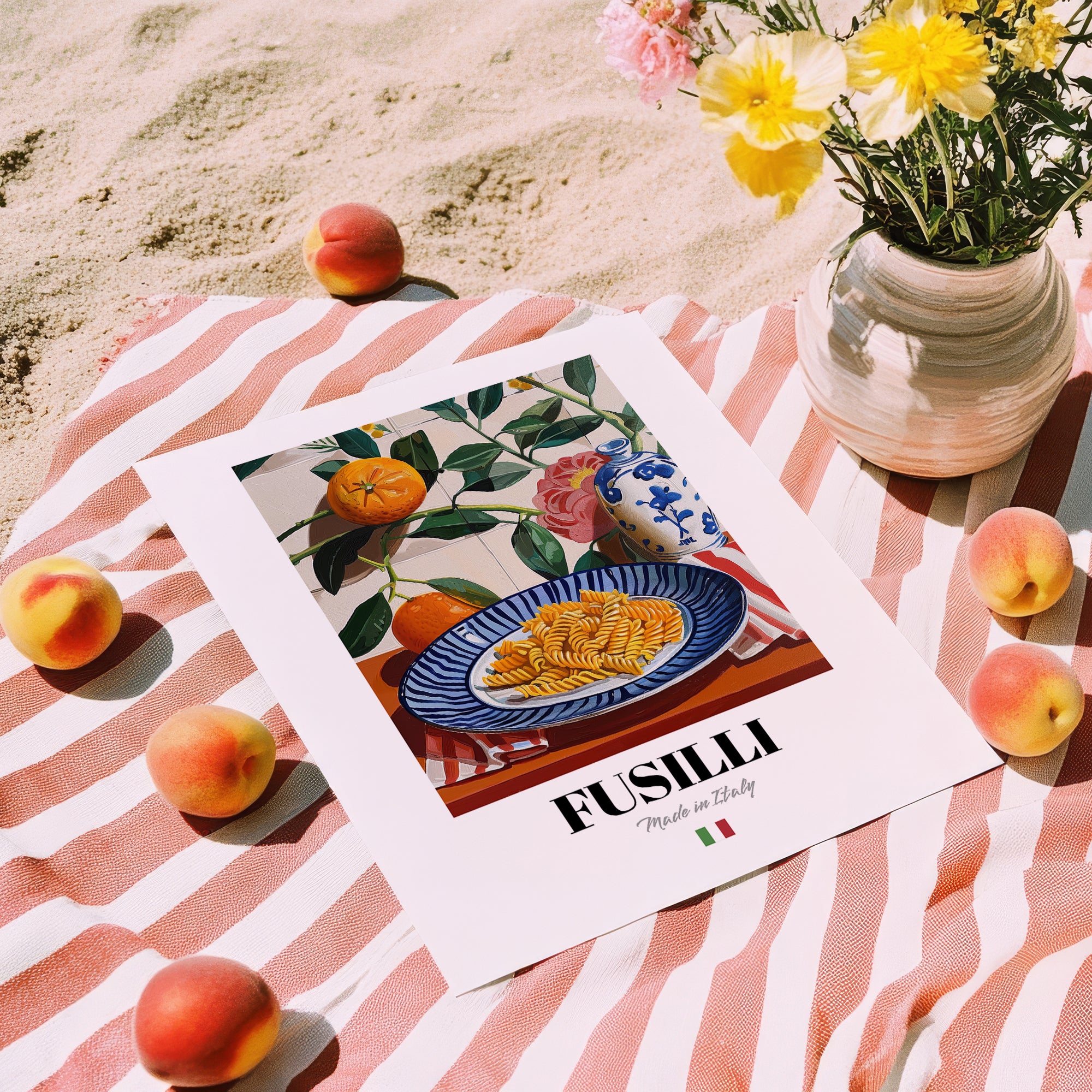 Fusilli – Italian Pasta, Restaurant Poster, unframed on coastal sand
