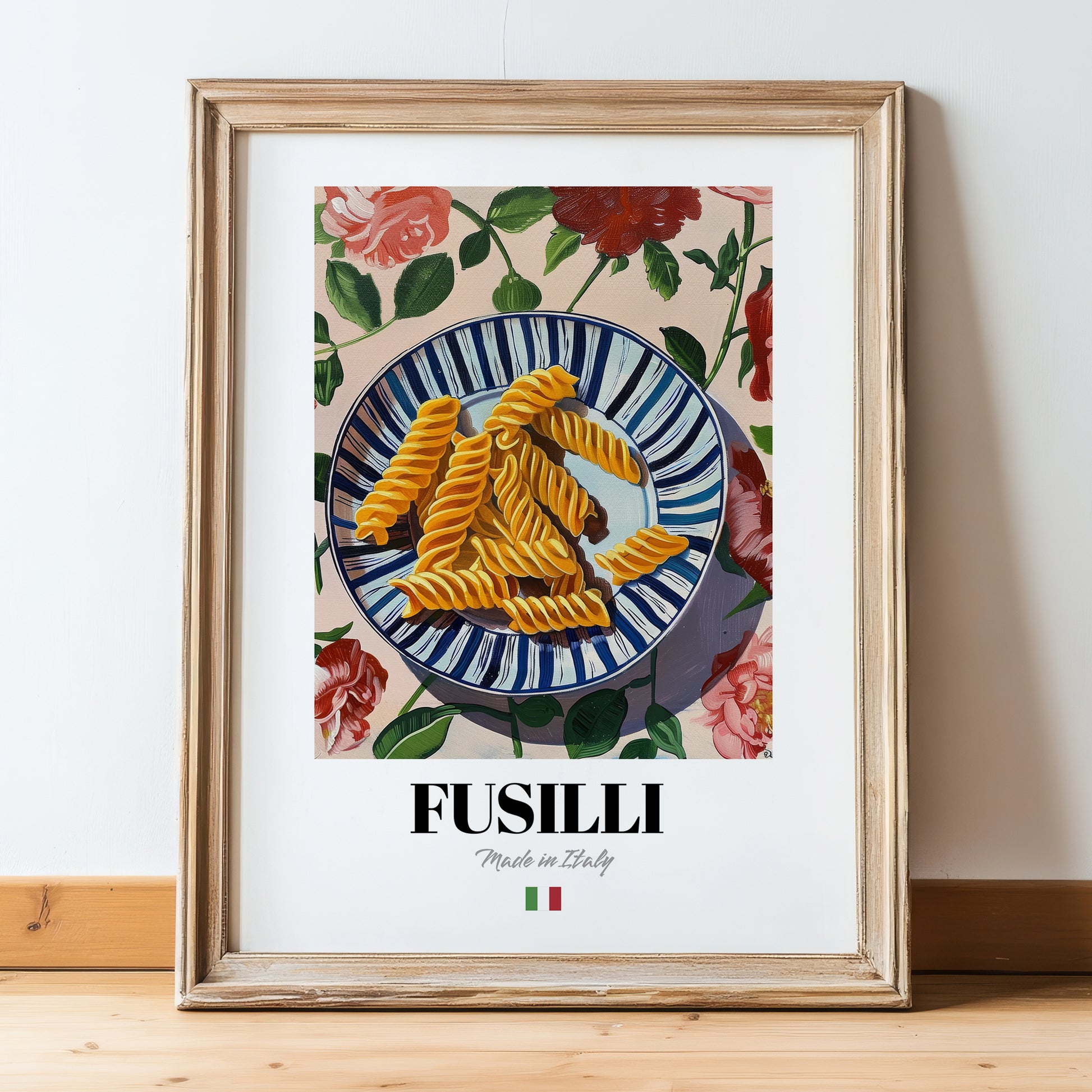 Fusilli – Italian Pasta, Osteria Print, in wooden frame leaning on the floor