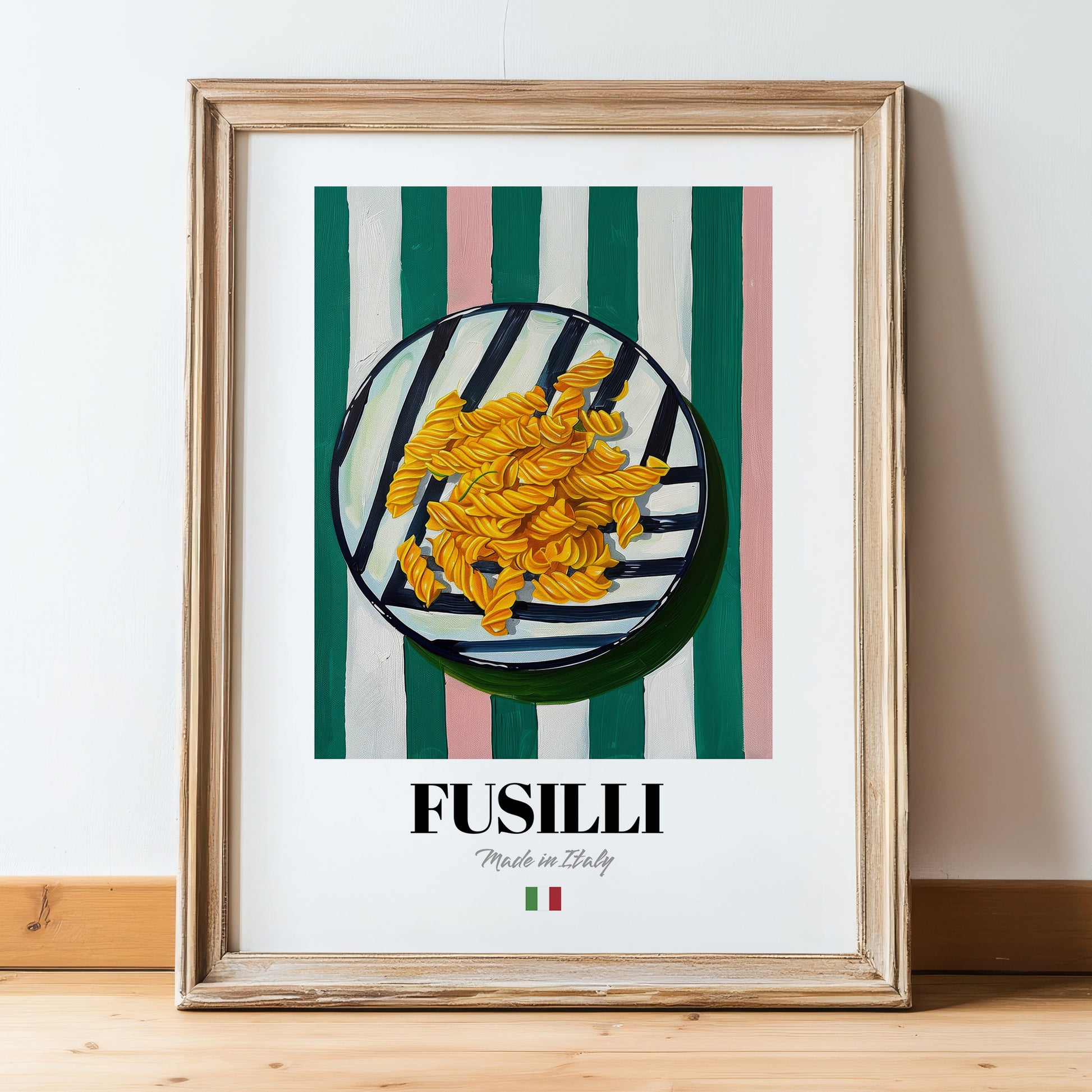 Fusilli – Italian Pasta, Trattoria Art, in wooden frame leaning on the floor