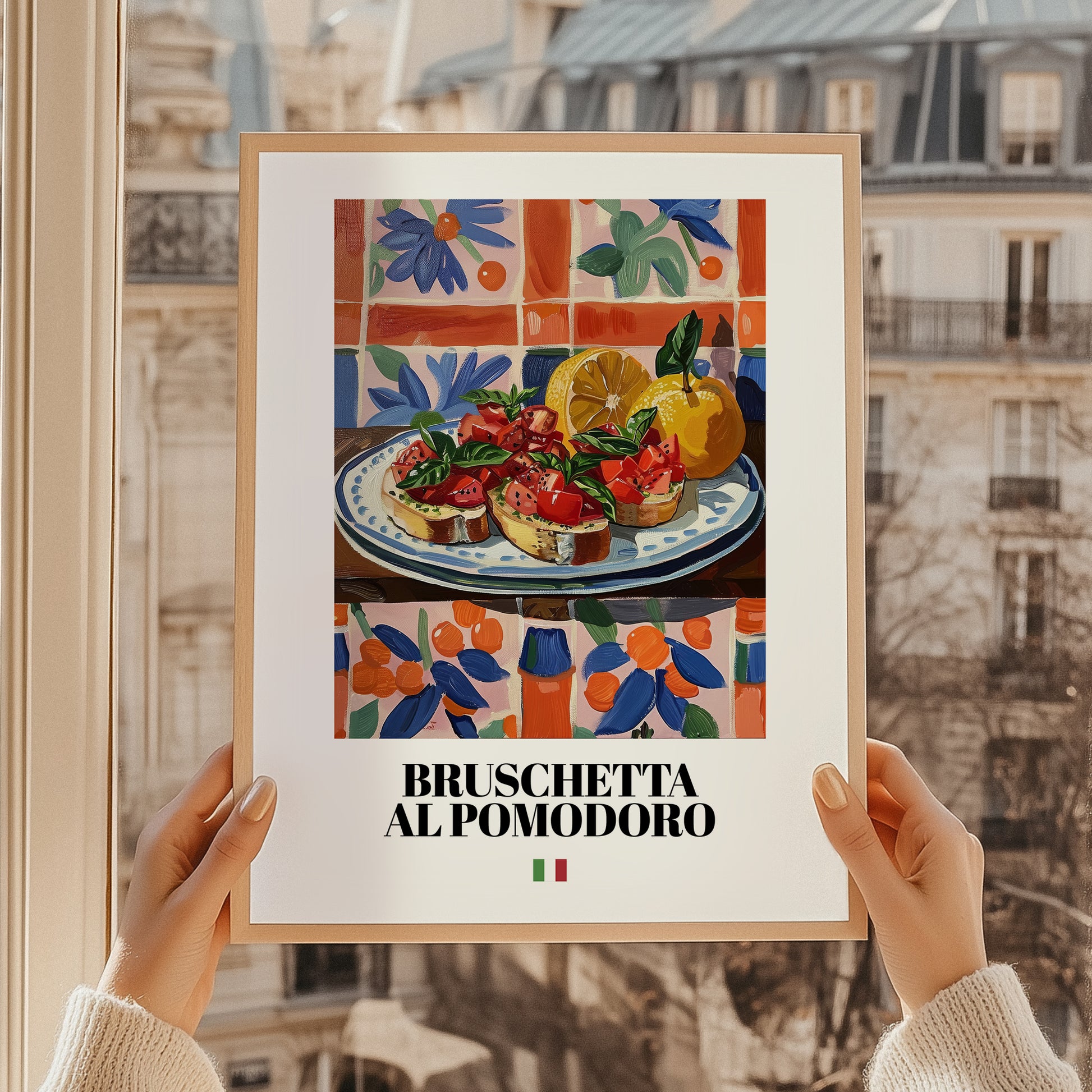 Bruschetta al pomodoro – Italian Snack Dish, Tavern Wall Art, styled in a charming Paris street view