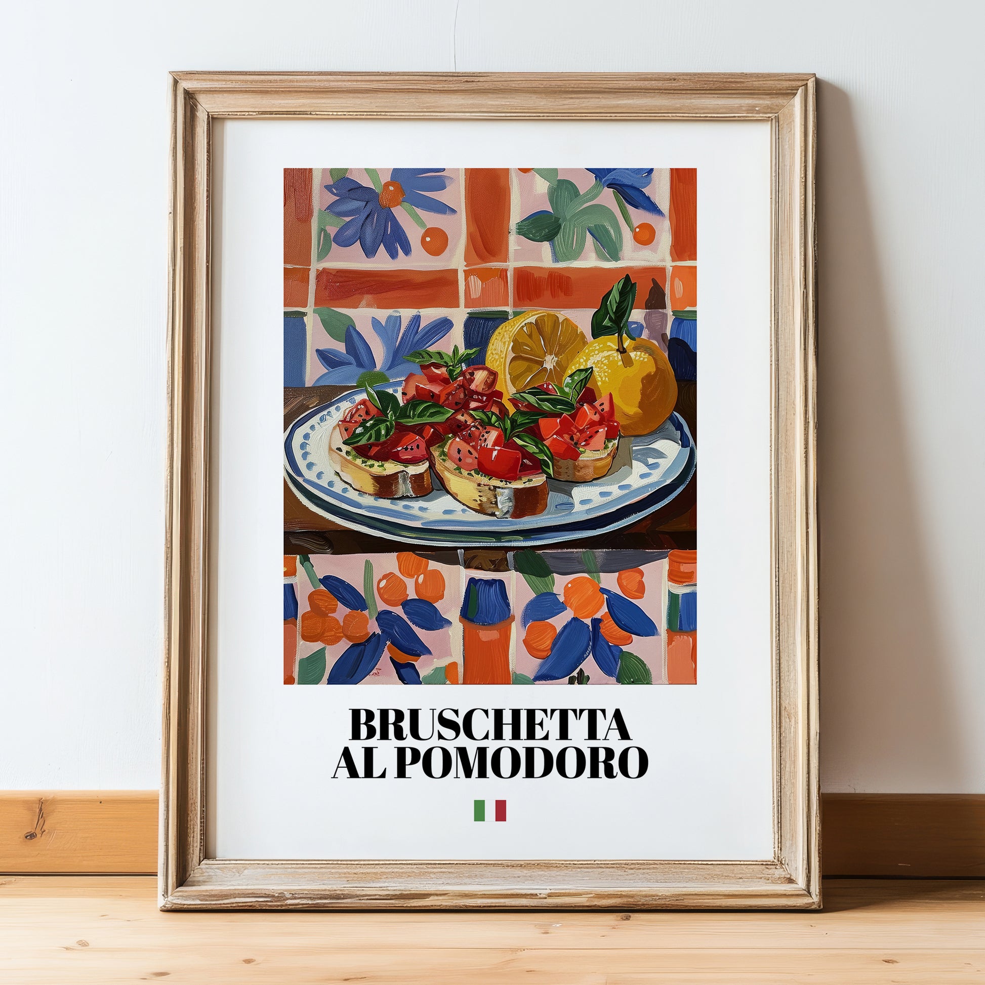 Bruschetta al pomodoro – Italian Snack Dish, Tavern Wall Art, in wooden frame leaning on the floor