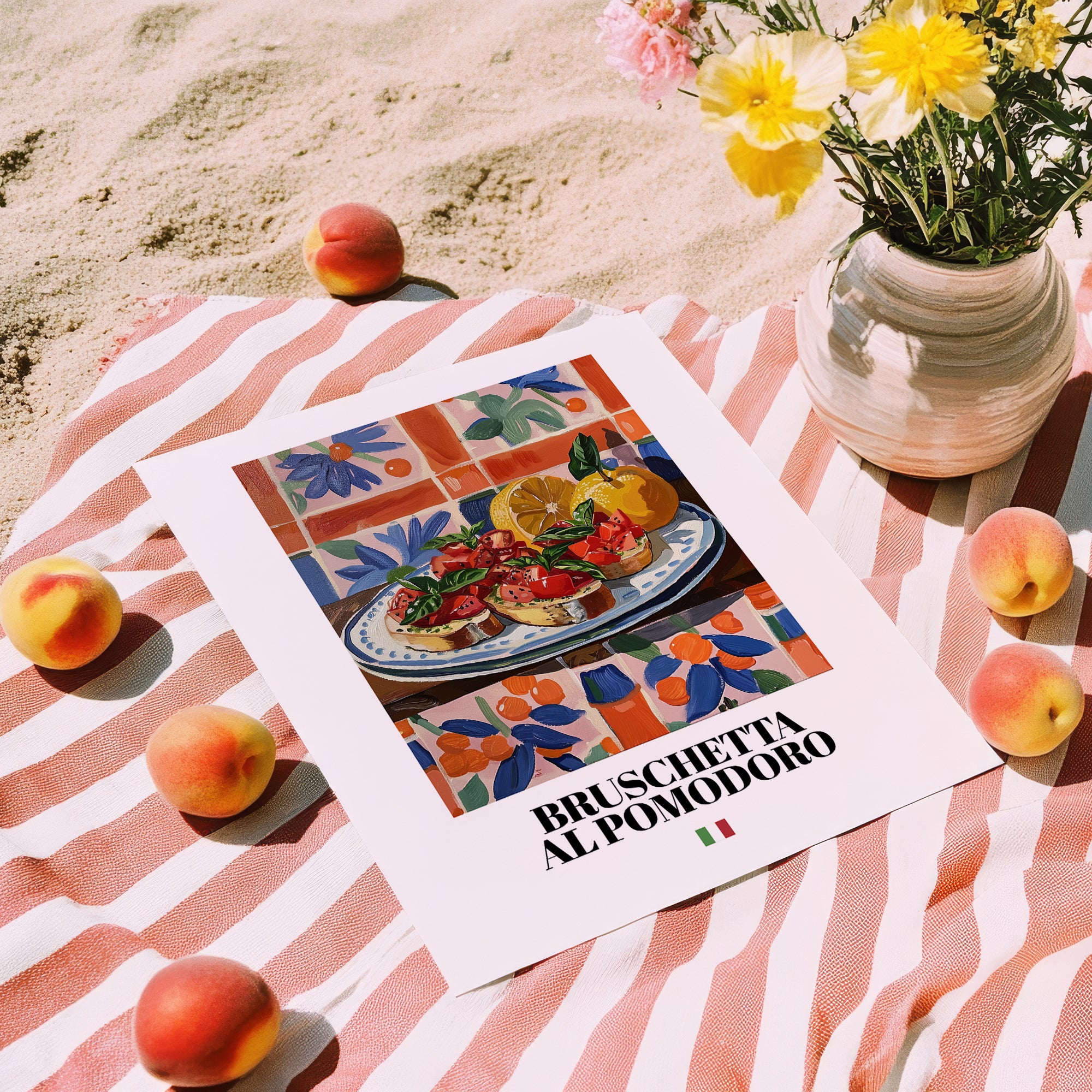 Bruschetta al pomodoro – Italian Snack Dish, Tavern Wall Art, unframed on coastal sand