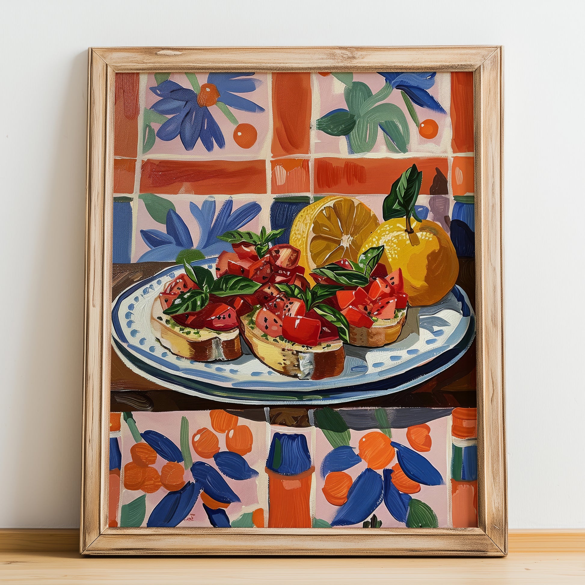 Bruschetta al pomodoro – Italian Snack Dish, Tavern Wall Art, no-text version framed in wood