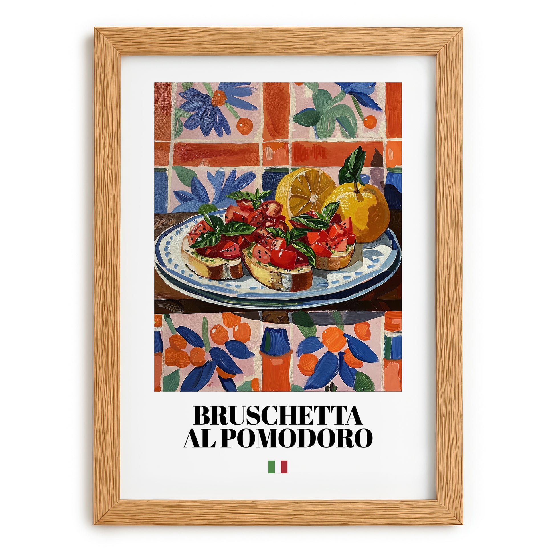 Bruschetta al pomodoro – Italian Snack Dish, Tavern Wall Art, set in oak frame