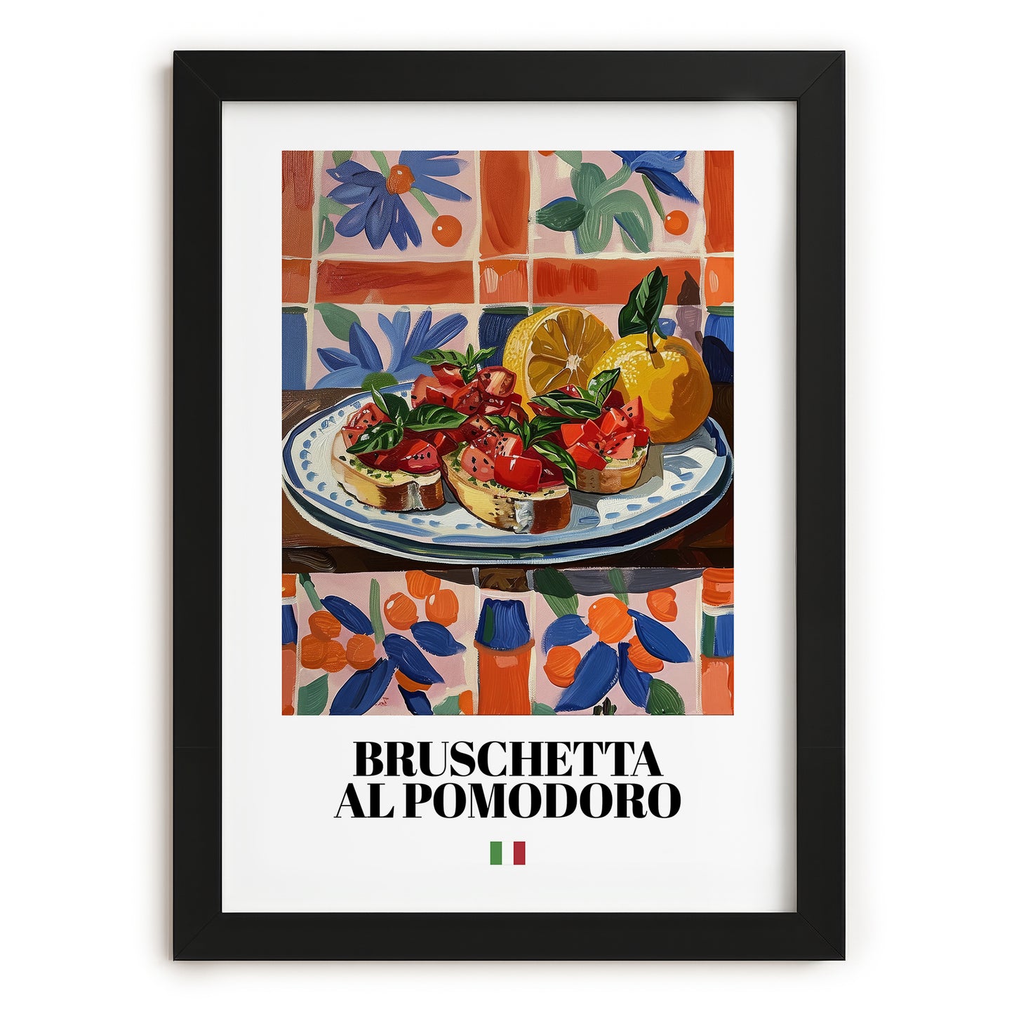 Bruschetta al pomodoro – Italian Snack Dish, Tavern Wall Art, in sleek black frame