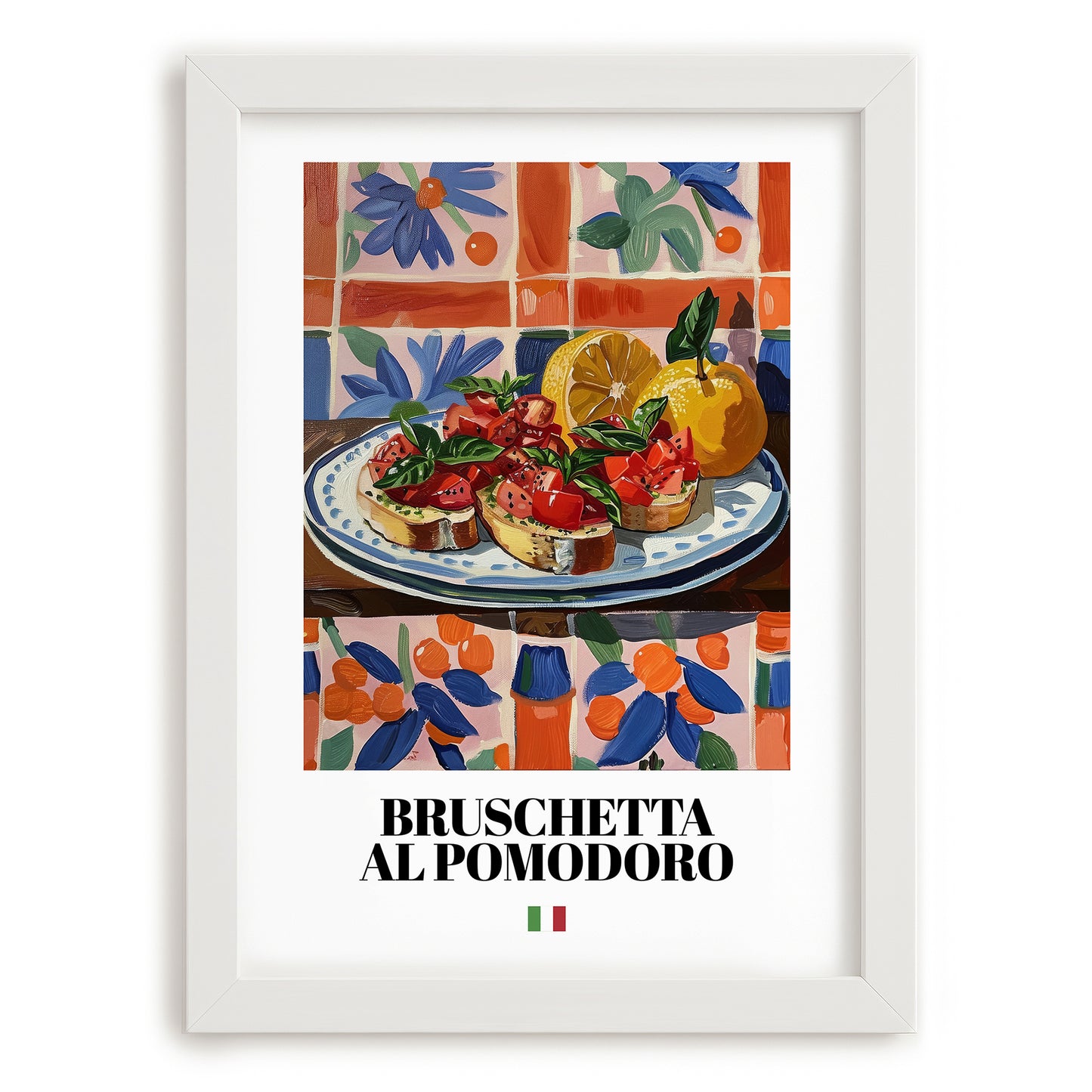 Bruschetta al pomodoro – Italian Snack Dish, Tavern Wall Art, placed in minimal white frame