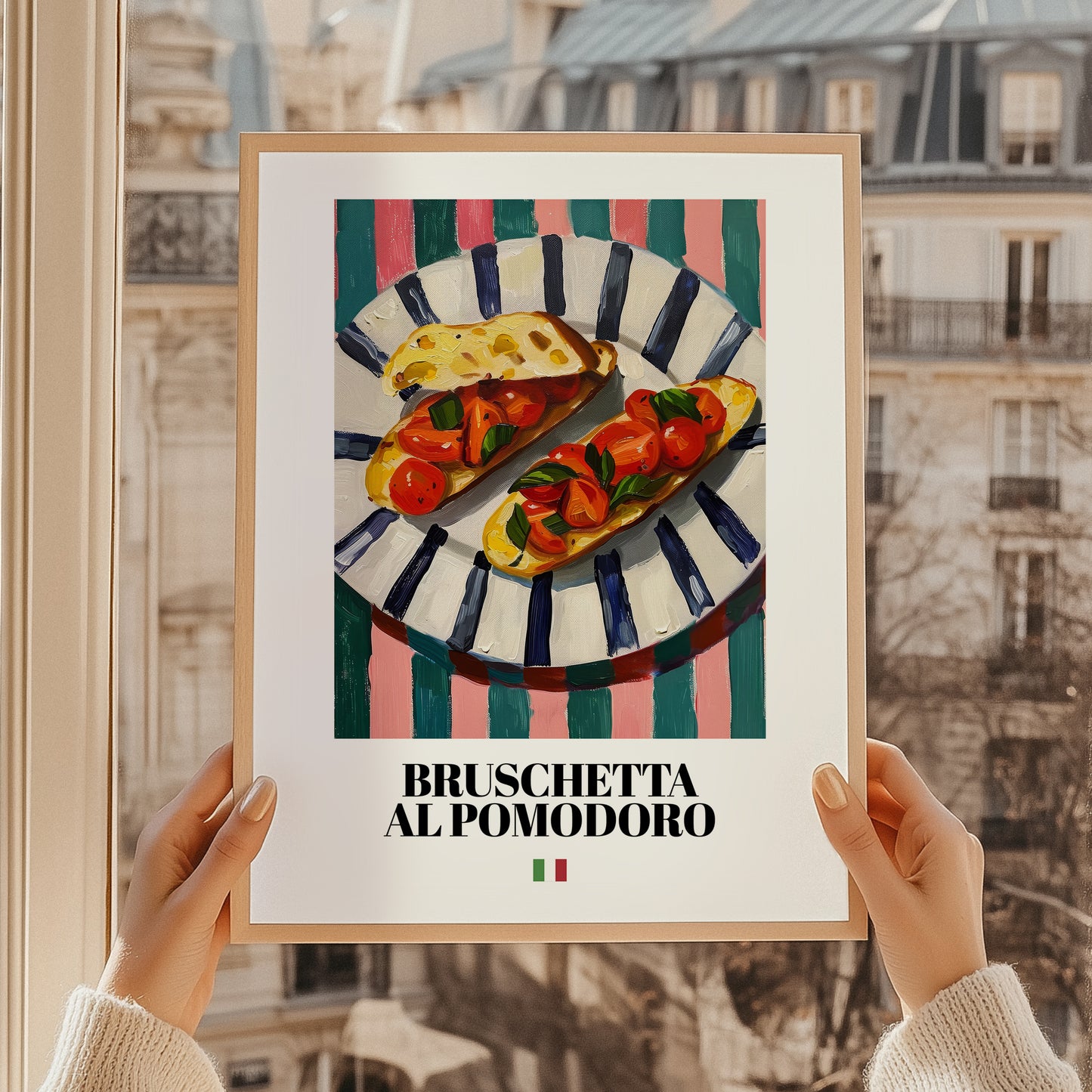 Bruschetta al pomodoro – Italian Snack Dish, Café Art, styled in a charming Paris street view
