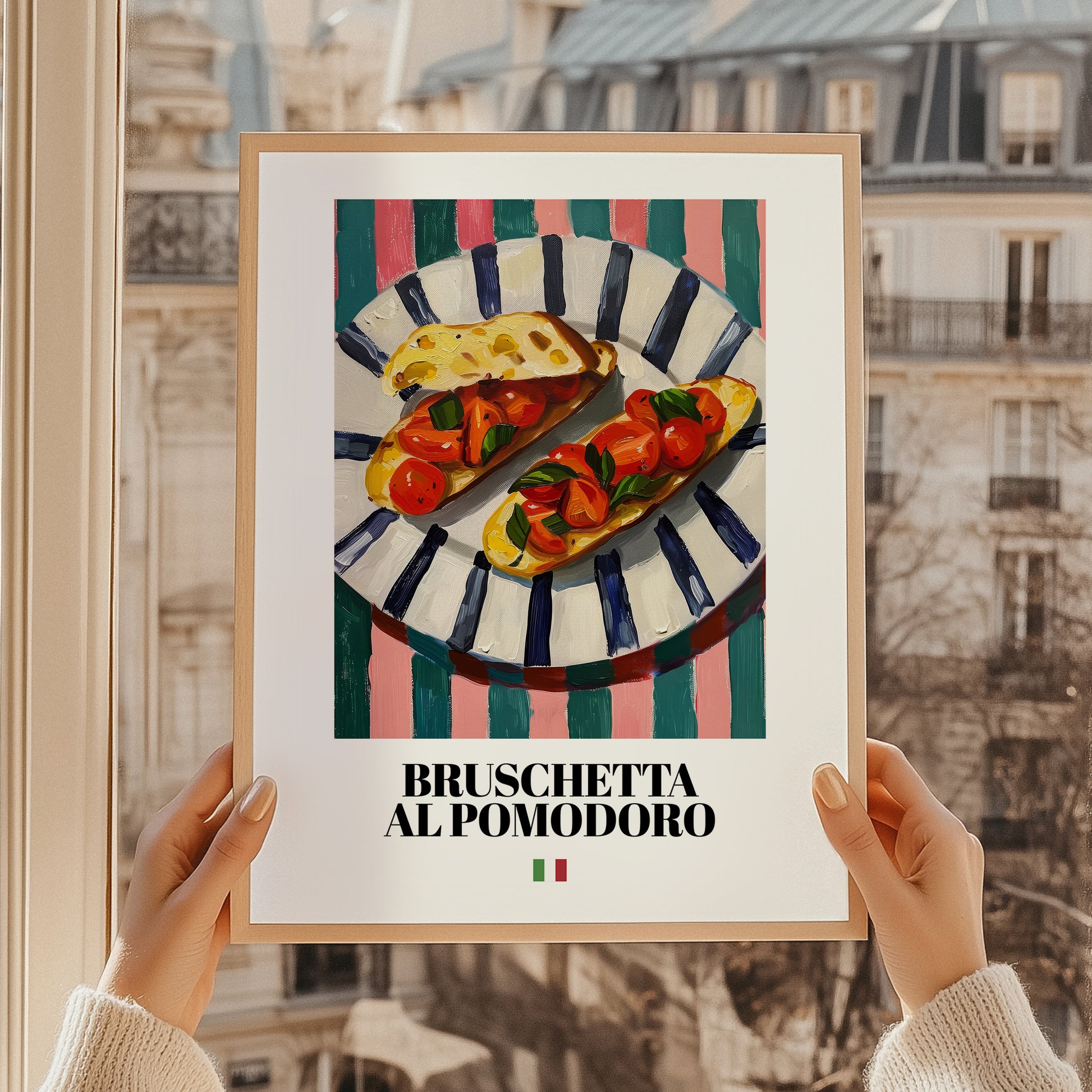 Bruschetta al pomodoro – Italian Snack Dish, Café Art, styled in a charming Paris street view