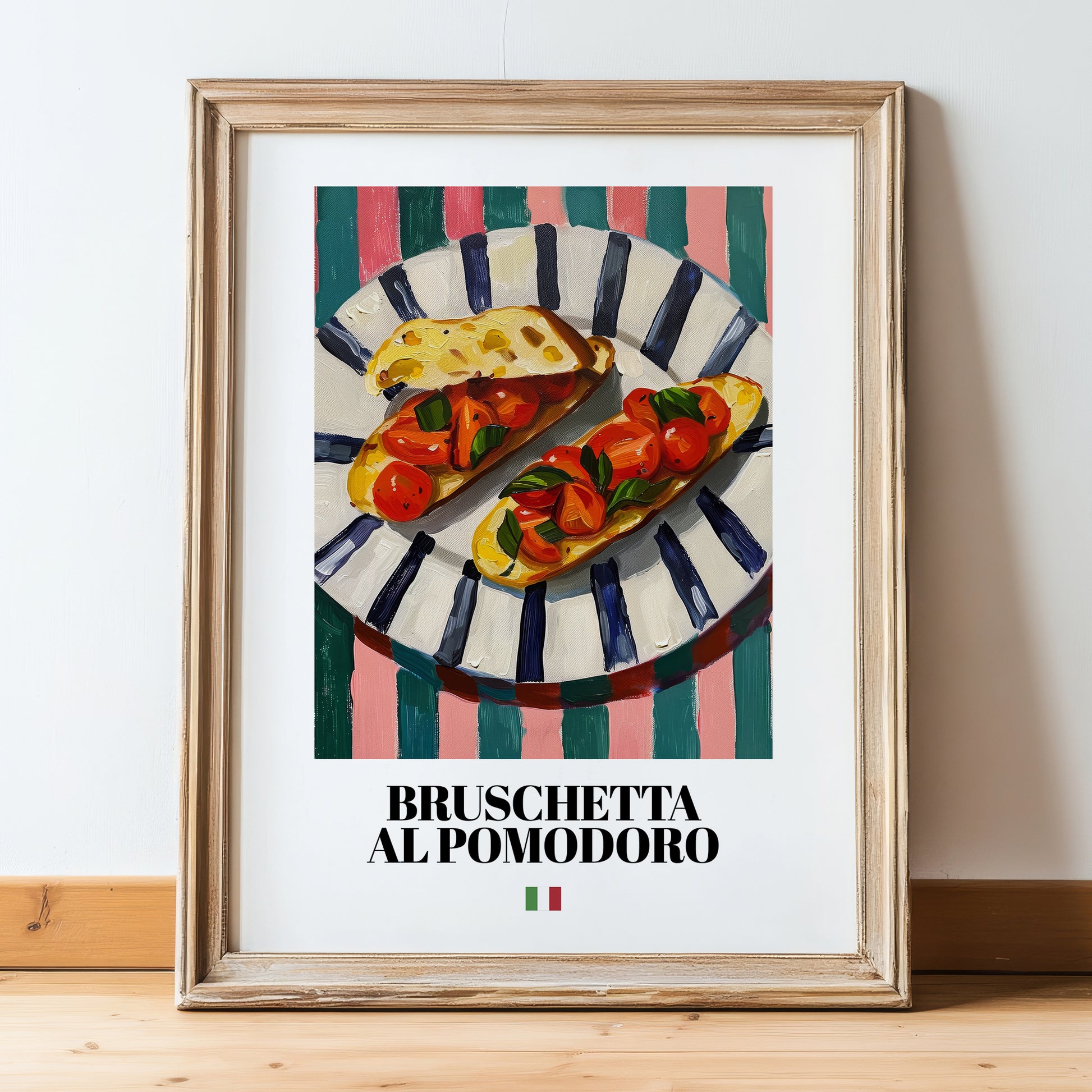 Bruschetta al pomodoro – Italian Snack Dish, Café Art, in wooden frame leaning on the floor