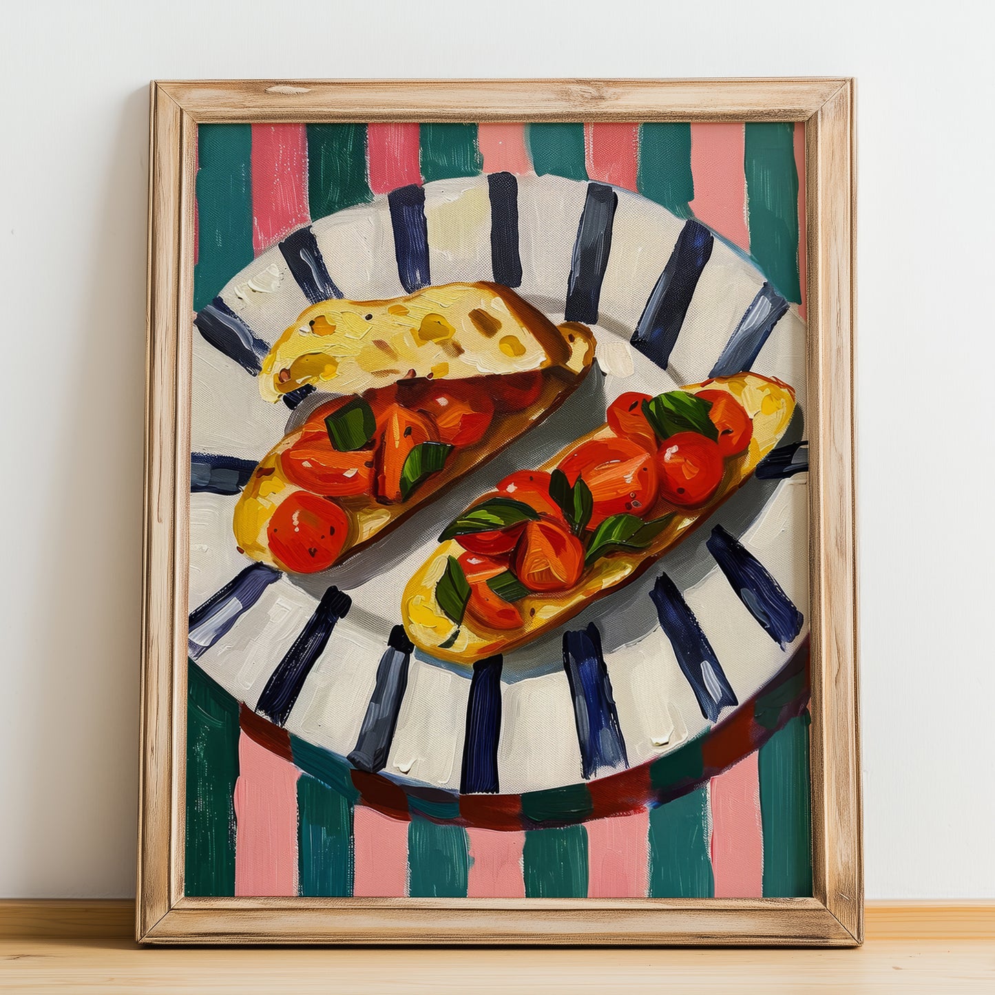 Bruschetta al pomodoro – Italian Snack Dish, Café Art, no-text version framed in wood