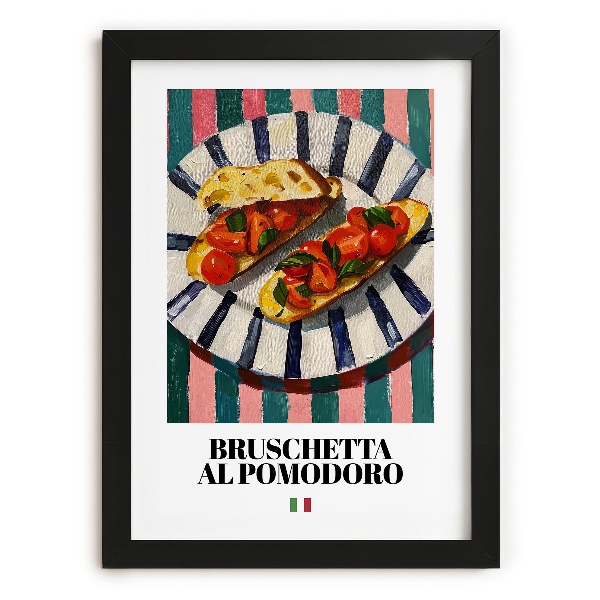 Bruschetta al pomodoro – Italian Snack Dish, Café Art, in sleek black frame