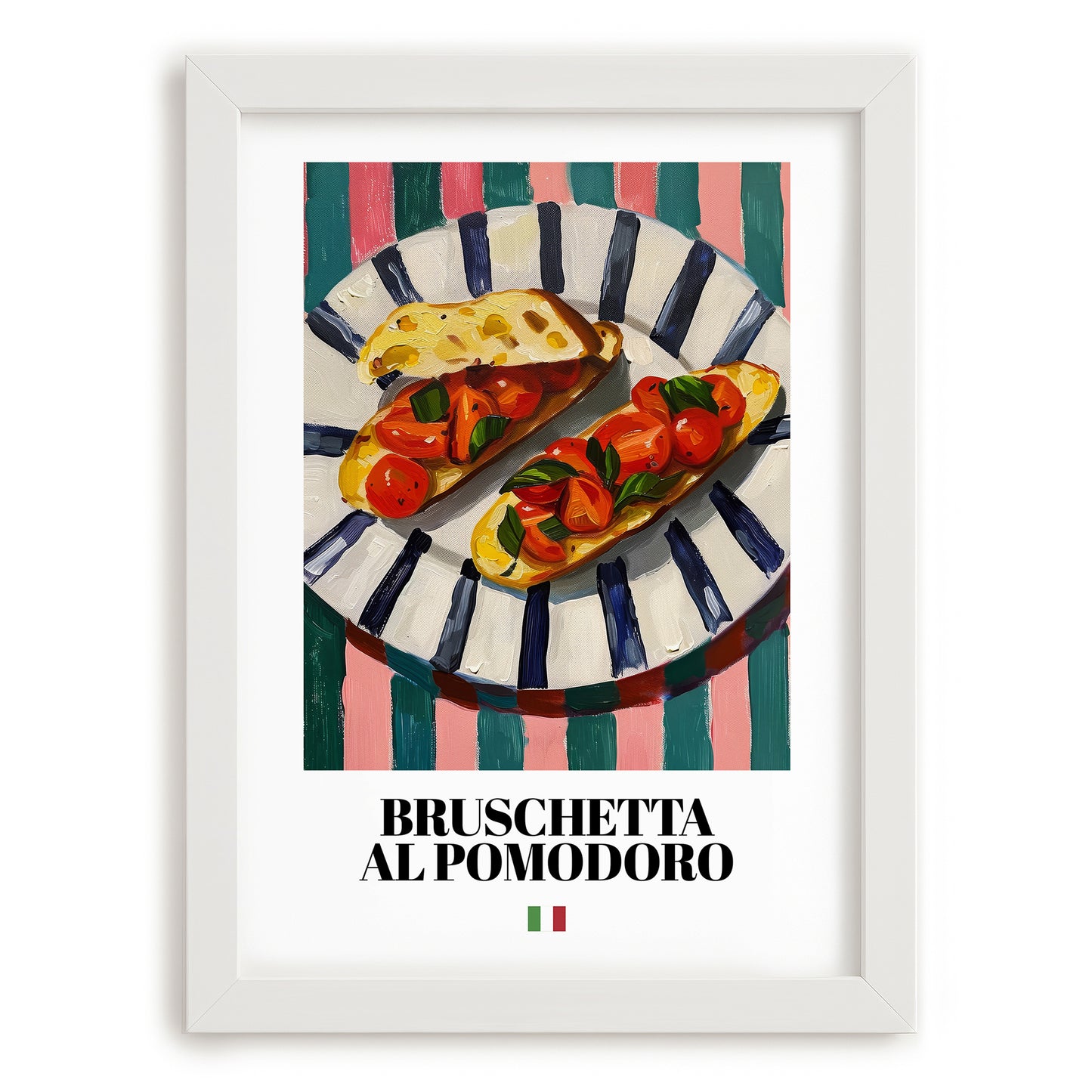 Bruschetta al pomodoro – Italian Snack Dish, Café Art, placed in minimal white frame