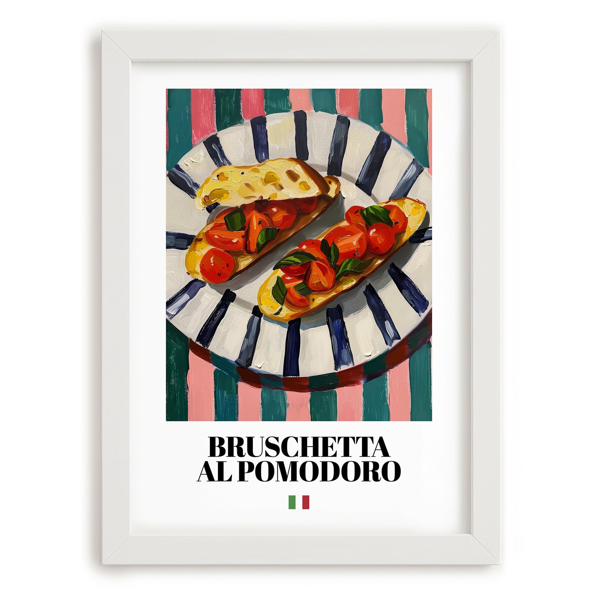 Bruschetta al pomodoro – Italian Snack Dish, Café Art, placed in minimal white frame