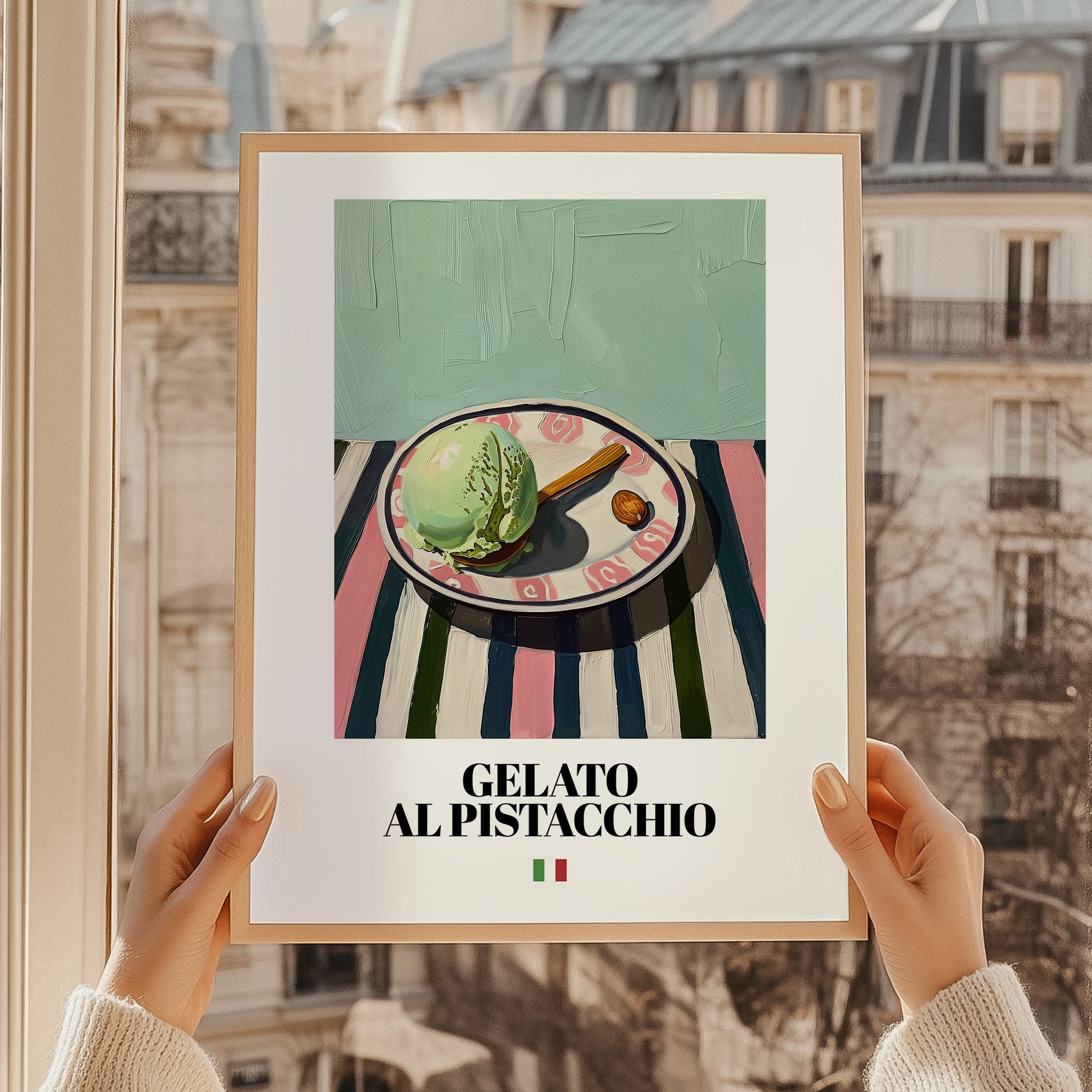 Gelato al pistacchio – Italian Gelato, Artisan Ice Cream Shop Art, styled in a charming Paris street view