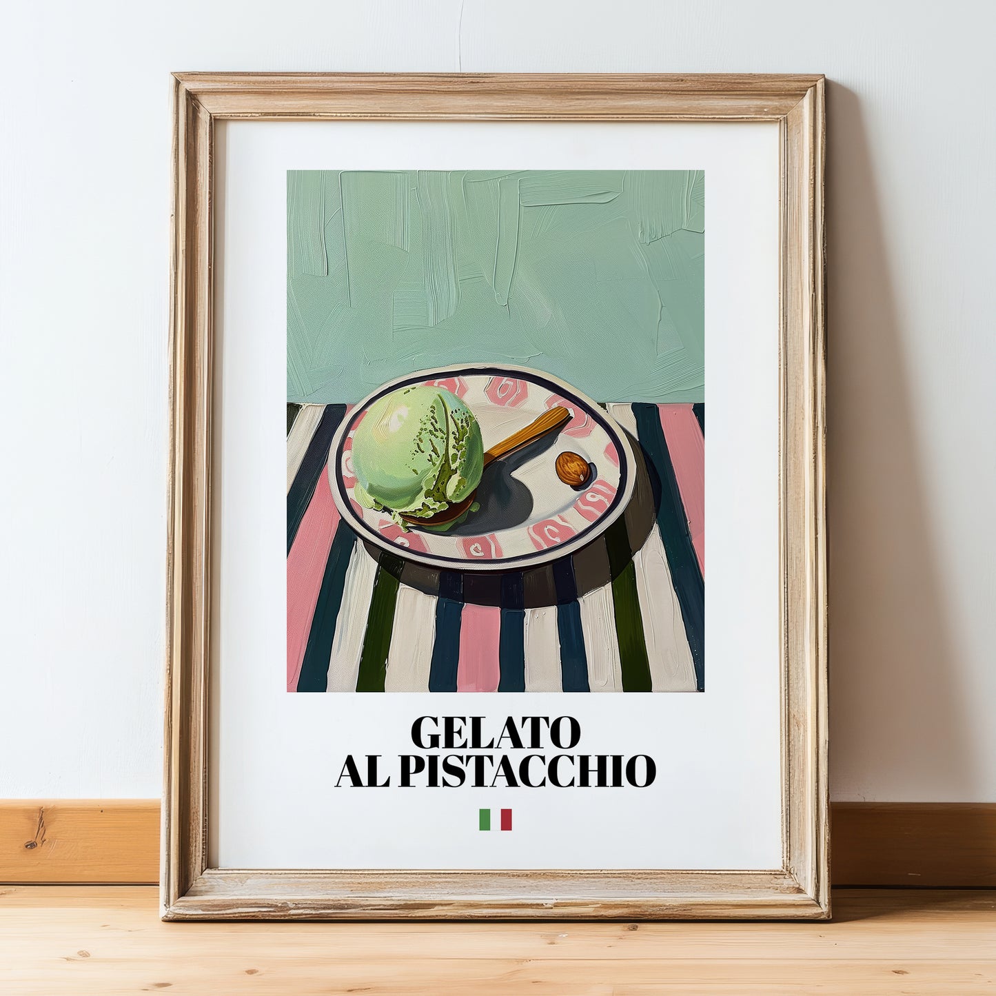 Gelato al pistacchio – Italian Gelato, Artisan Ice Cream Shop Art, in wooden frame leaning on the floor