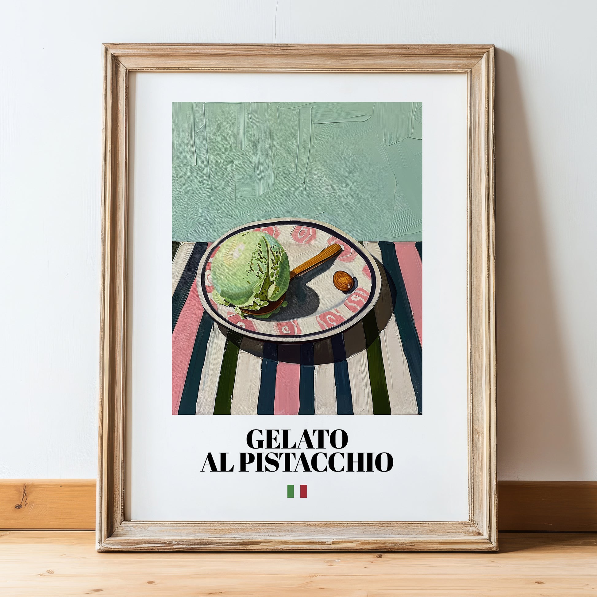 Gelato al pistacchio – Italian Gelato, Artisan Ice Cream Shop Art, in wooden frame leaning on the floor