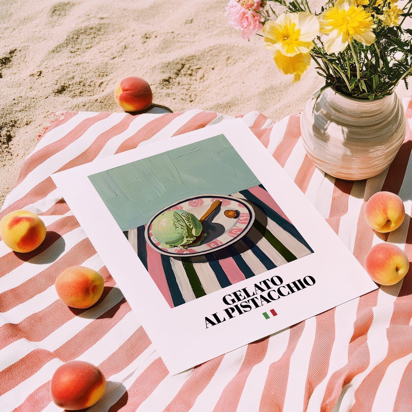 Gelato al pistacchio – Italian Gelato, Artisan Ice Cream Shop Art, unframed on coastal sand
