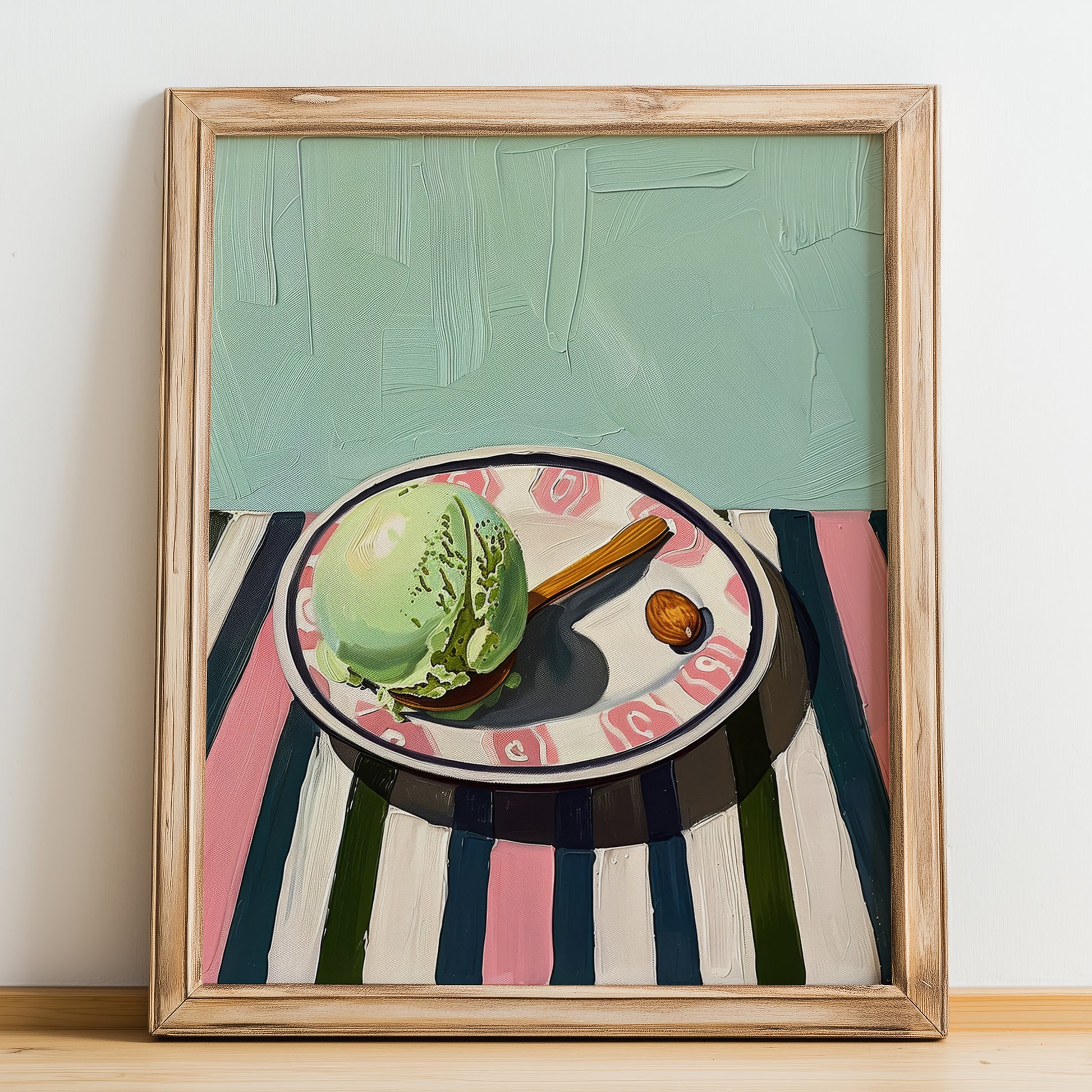 Gelato al pistacchio – Italian Gelato, Artisan Ice Cream Shop Art, no-text version framed in wood