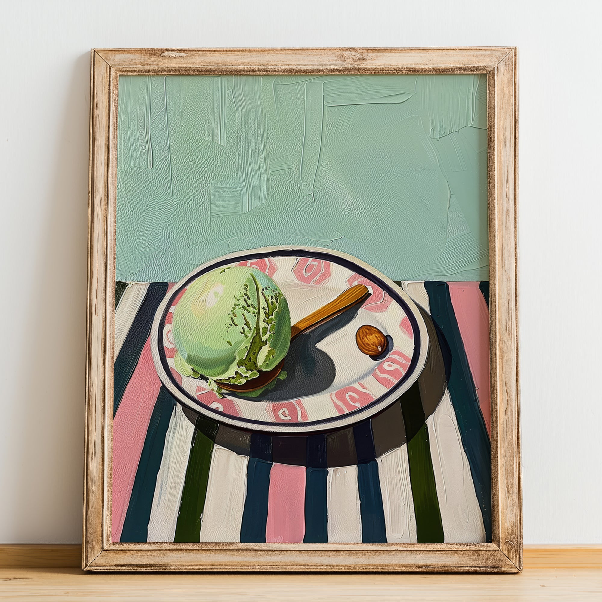 Gelato al pistacchio – Italian Gelato, Artisan Ice Cream Shop Art, no-text version framed in wood