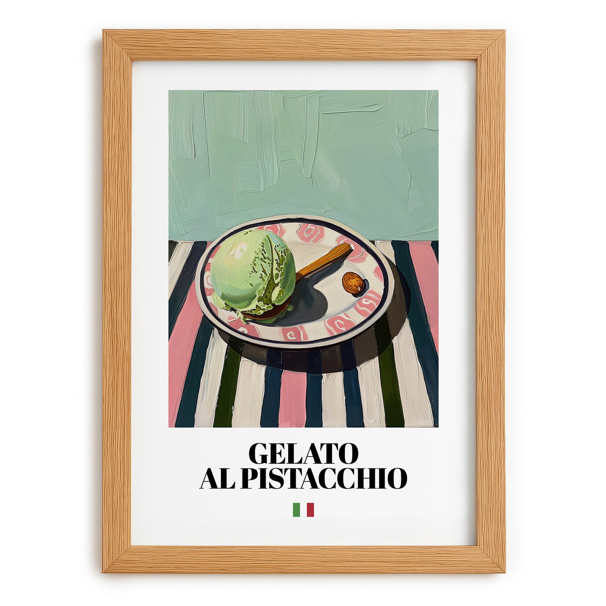 Gelato al pistacchio – Italian Gelato, Artisan Ice Cream Shop Art, set in oak frame
