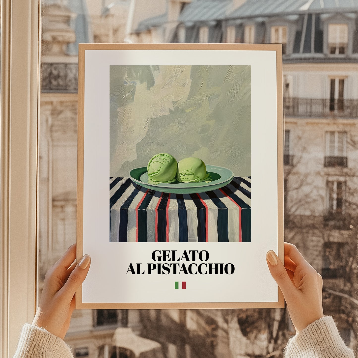 Gelato al pistacchio – Italian Gelato, Artisan Ice Cream Shop Poster, styled in a charming Paris street view