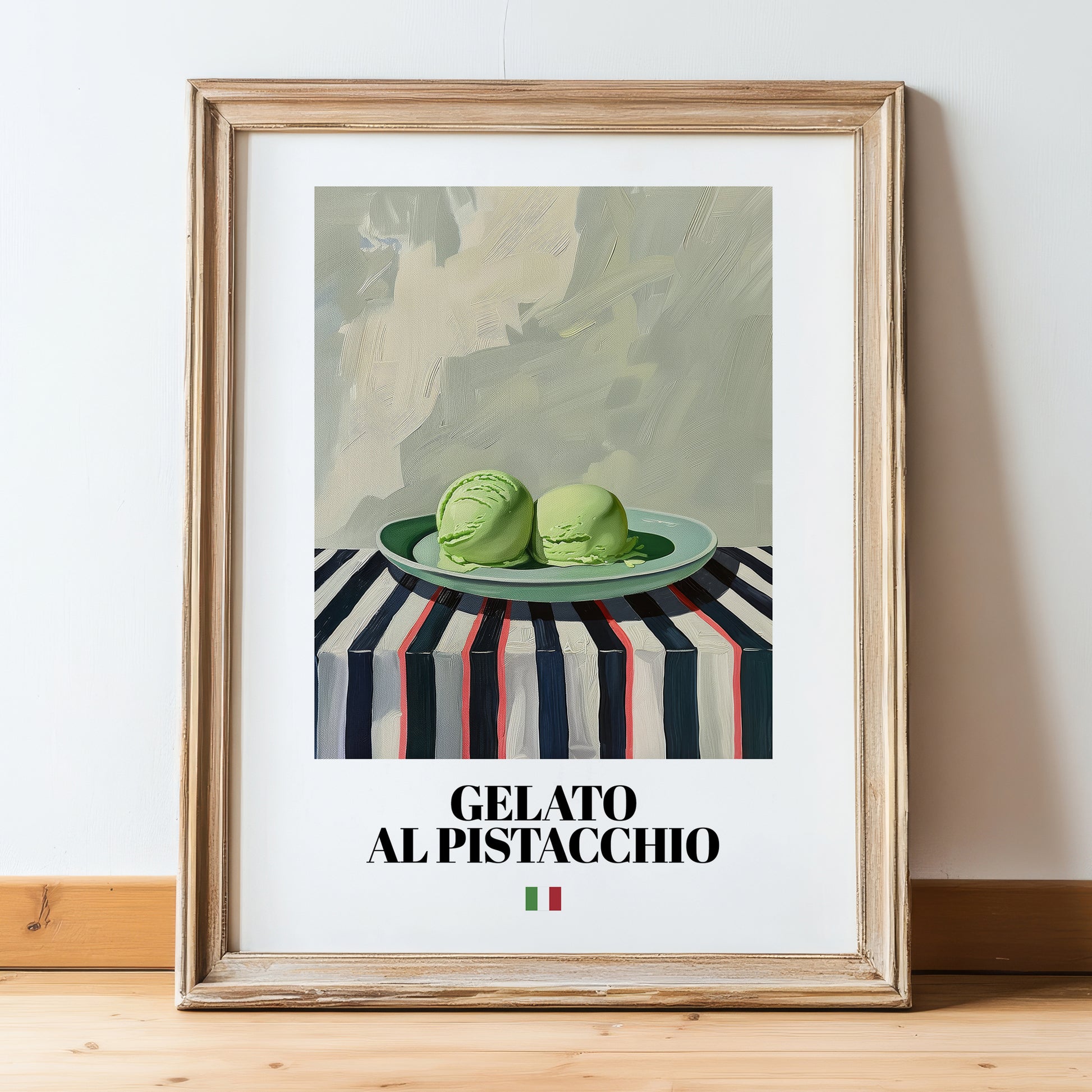 Gelato al pistacchio – Italian Gelato, Artisan Ice Cream Shop Poster, in wooden frame leaning on the floor