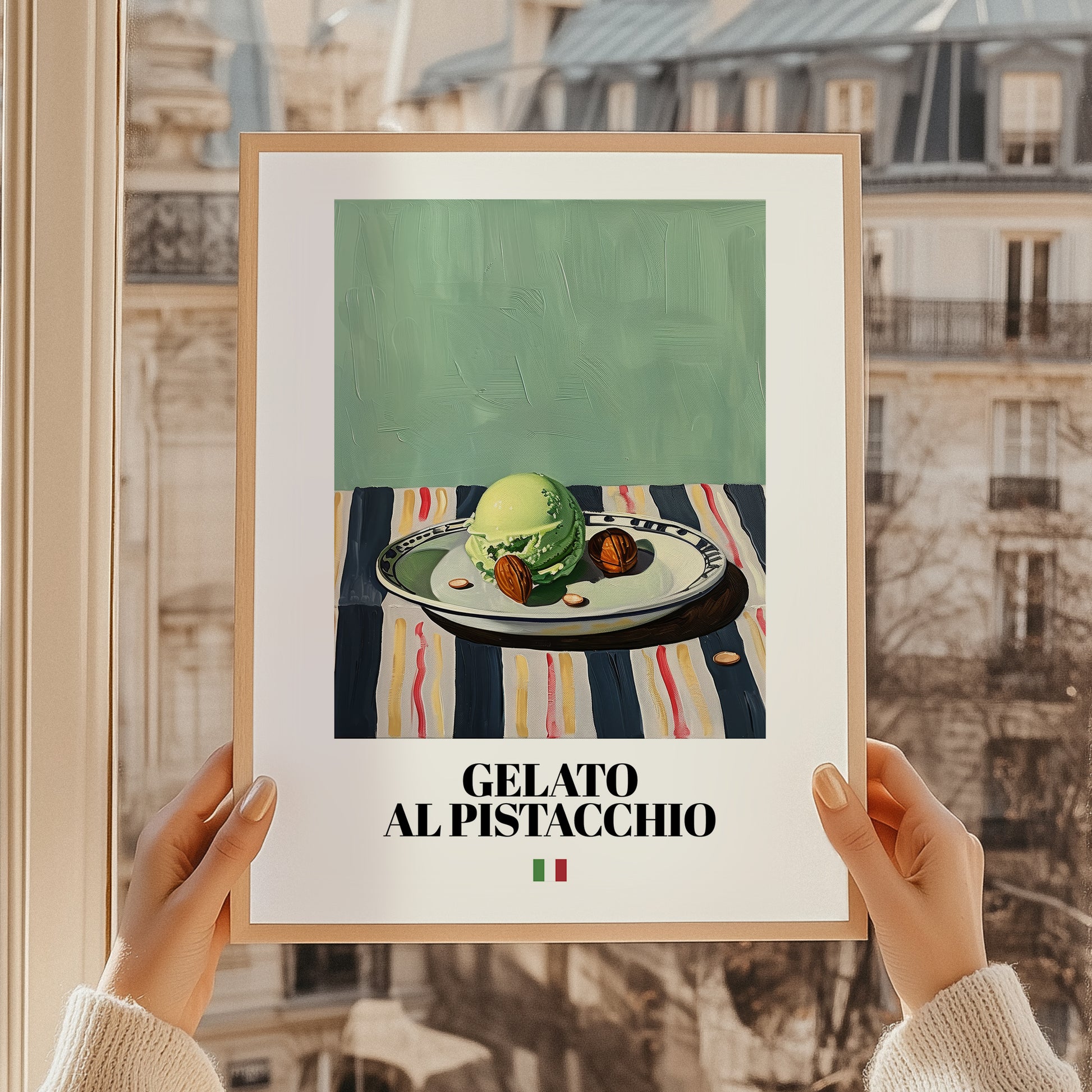Gelato al pistacchio – Italian Gelato, Artisan Ice Cream Shop Wall Art, styled in a charming Paris street view