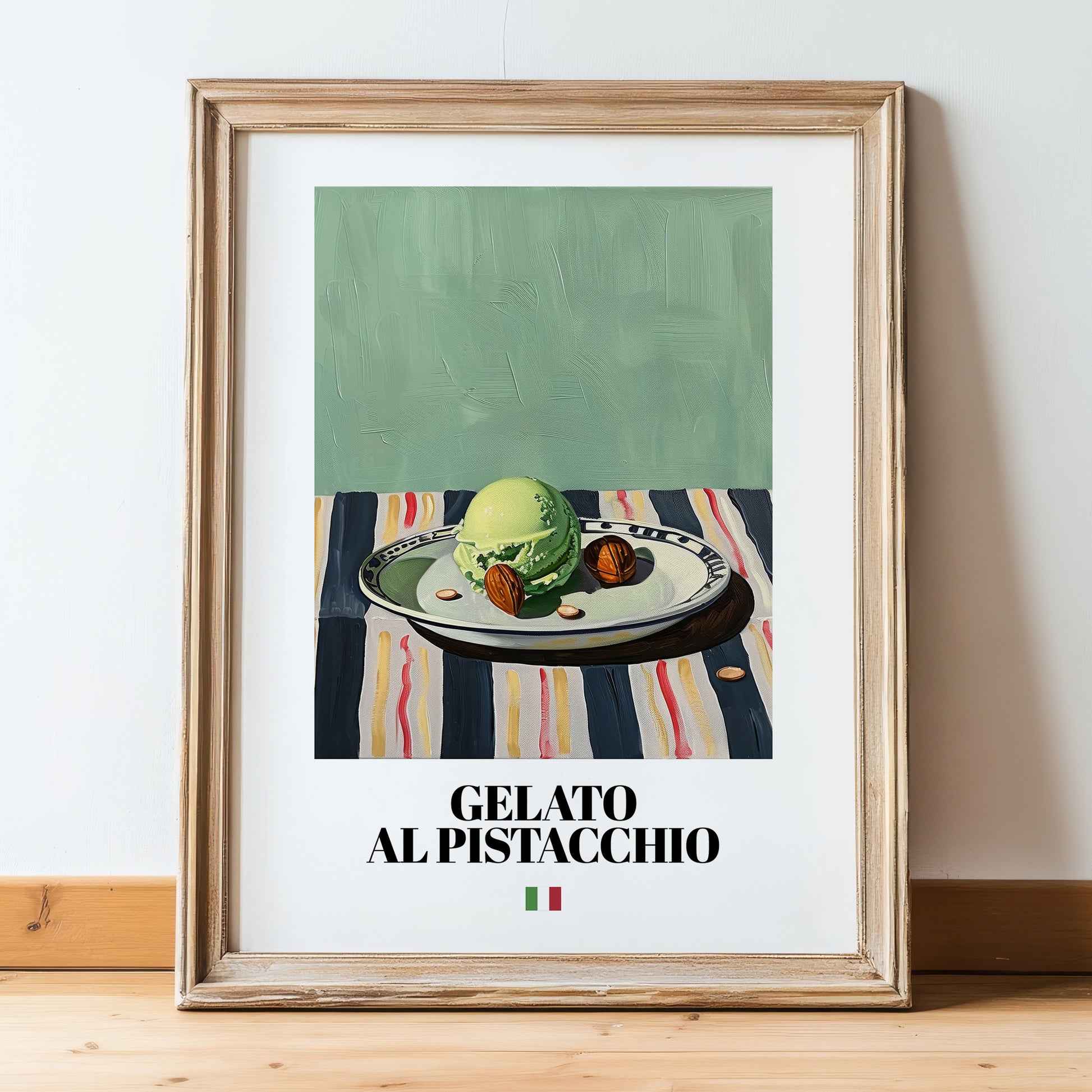 Gelato al pistacchio – Italian Gelato, Artisan Ice Cream Shop Wall Art, in wooden frame leaning on the floor