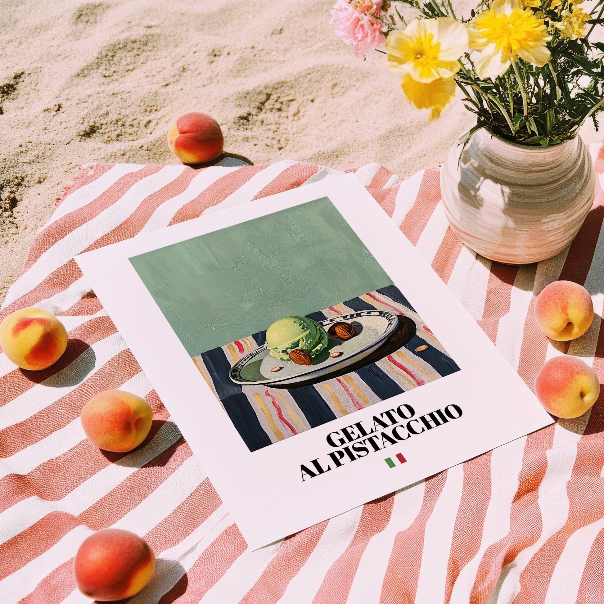 Gelato al pistacchio – Italian Gelato, Artisan Ice Cream Shop Wall Art, unframed on coastal sand