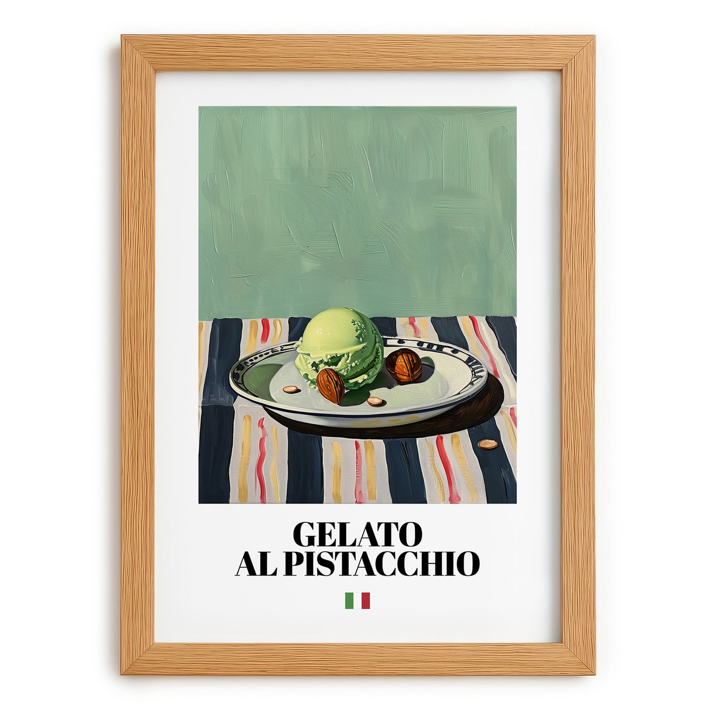 Gelato al pistacchio – Italian Gelato, Artisan Ice Cream Shop Wall Art, set in oak frame