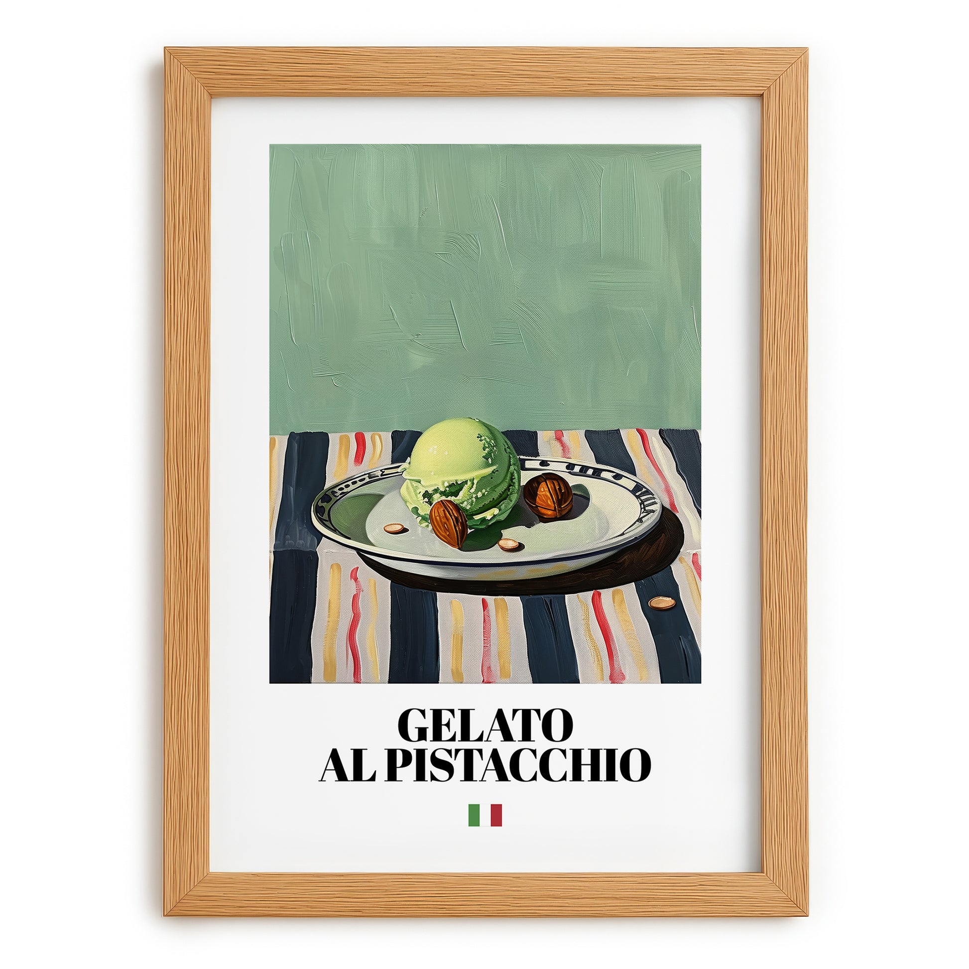 Gelato al pistacchio – Italian Gelato, Artisan Ice Cream Shop Wall Art, set in oak frame