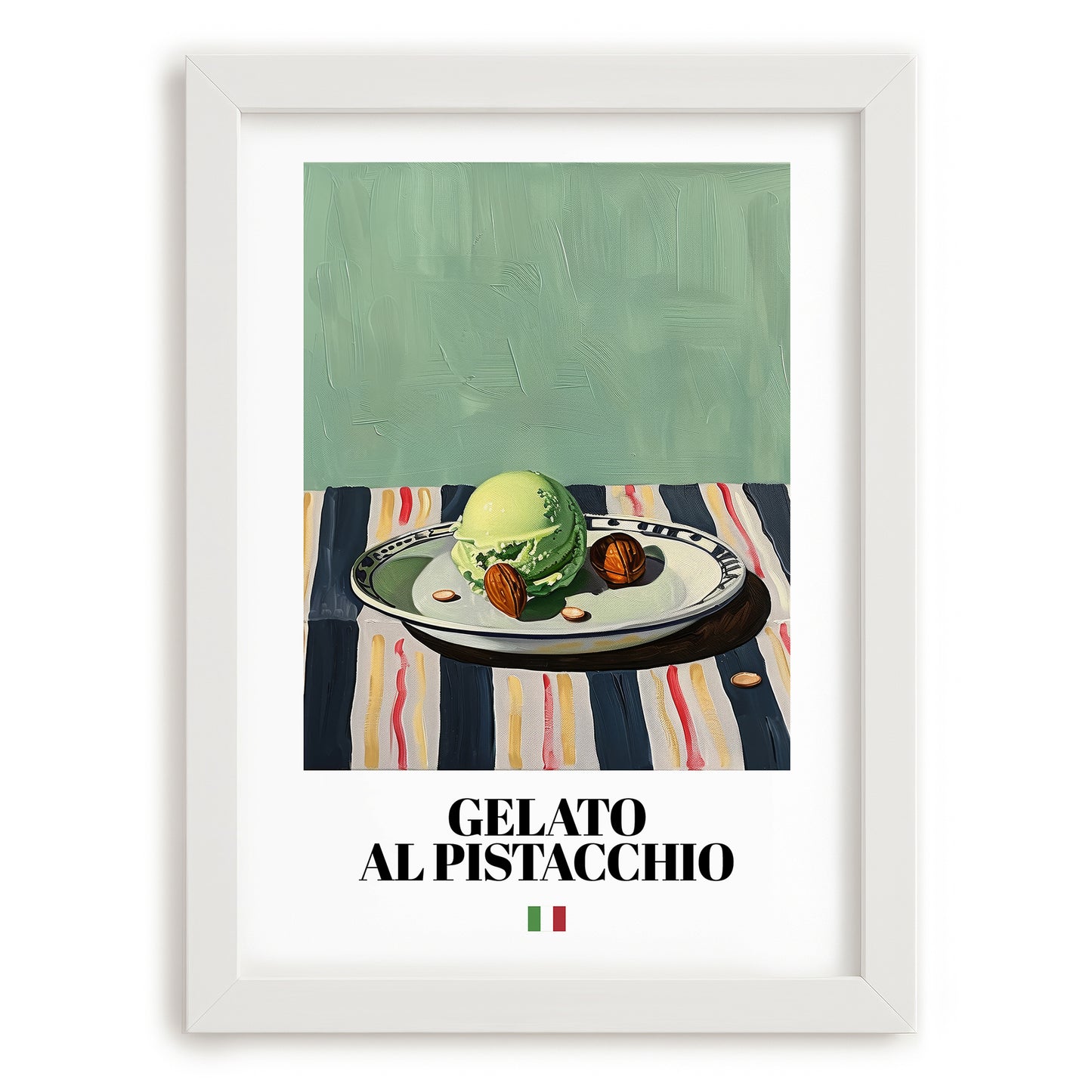 Gelato al pistacchio – Italian Gelato, Artisan Ice Cream Shop Wall Art, placed in minimal white frame