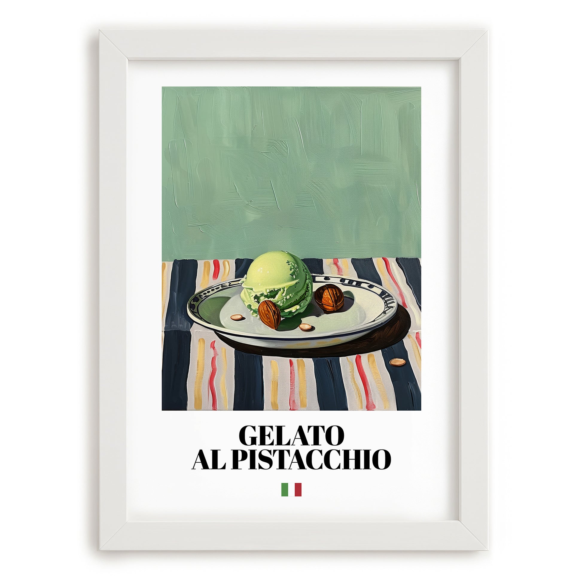 Gelato al pistacchio – Italian Gelato, Artisan Ice Cream Shop Wall Art, placed in minimal white frame