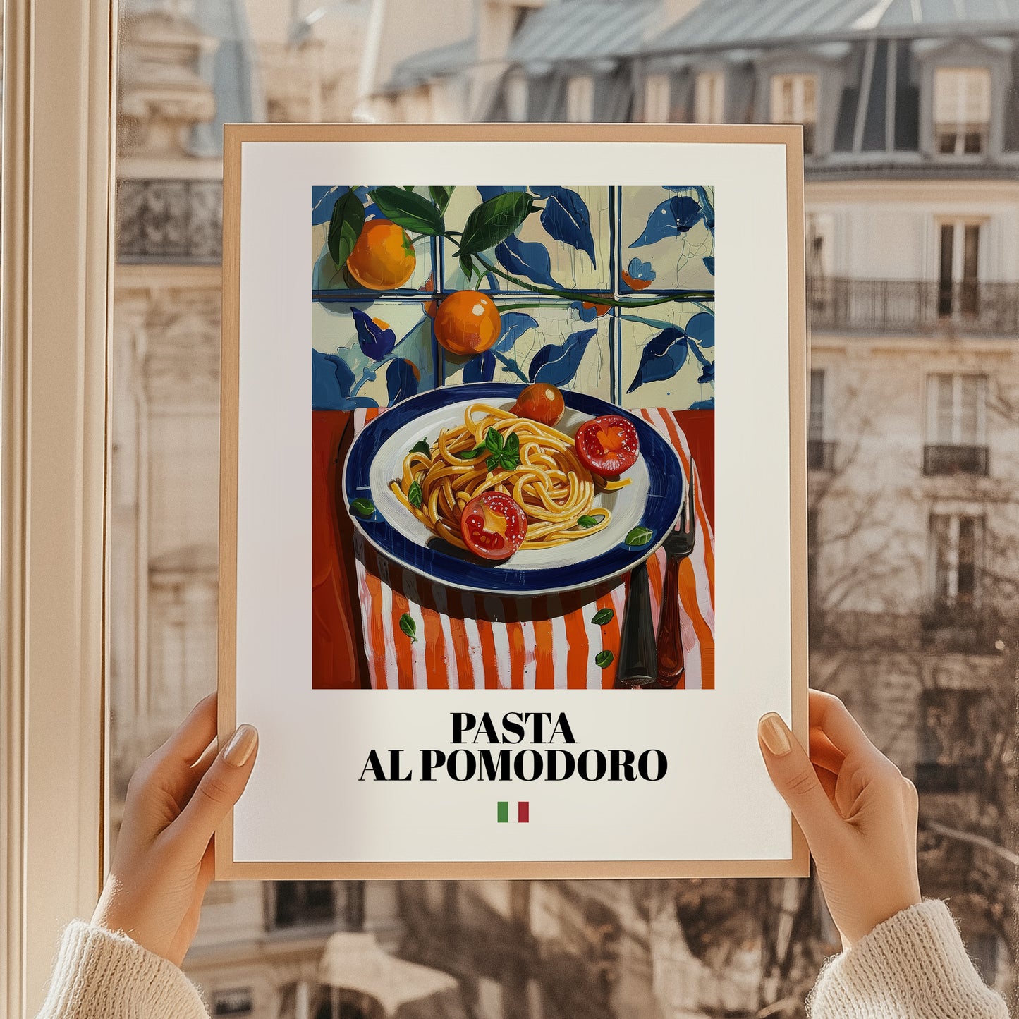 Pasta al pomodoro – Italian Pasta, Osteria Illustration, styled in a charming Paris street view