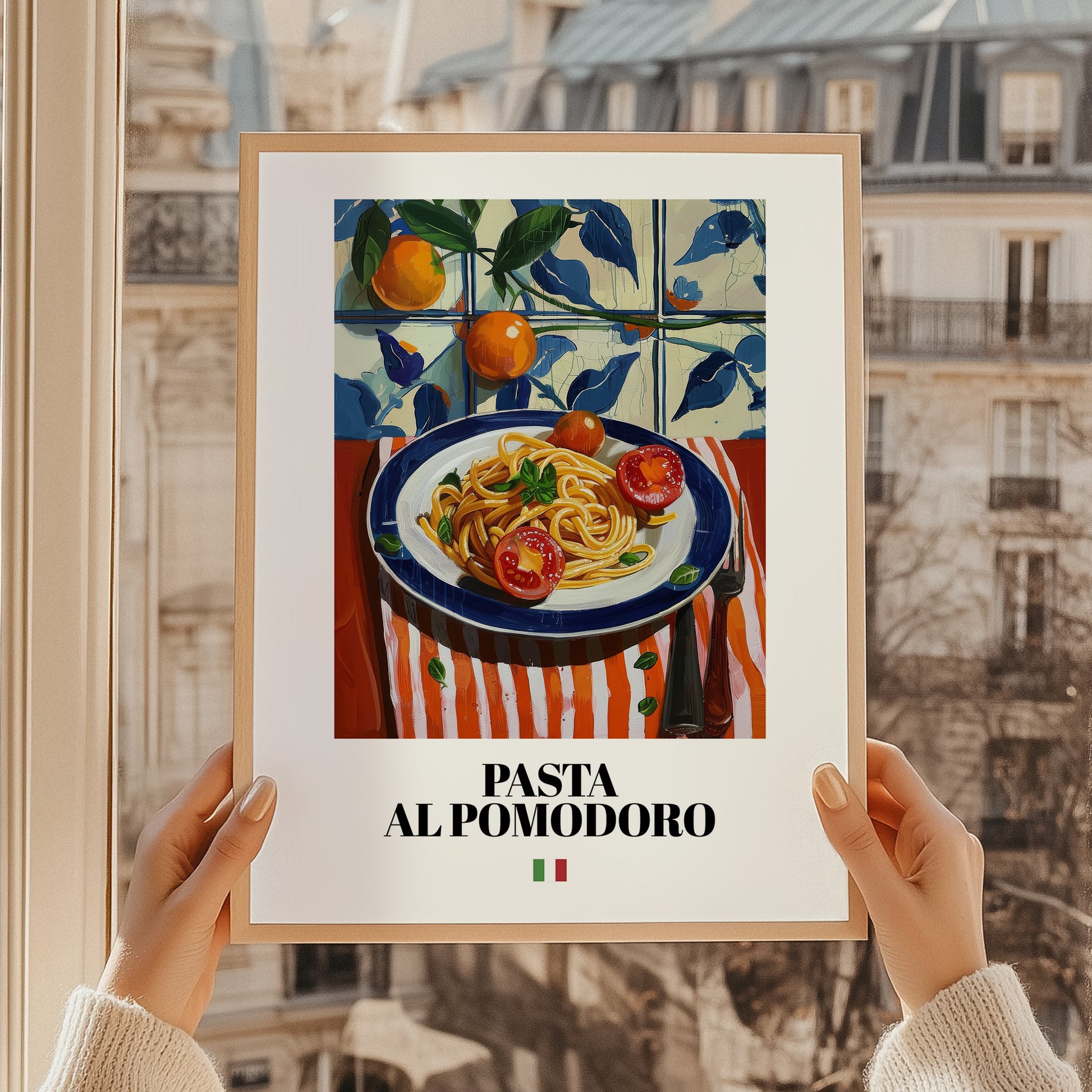 Pasta al pomodoro – Italian Pasta, Osteria Illustration, styled in a charming Paris street view