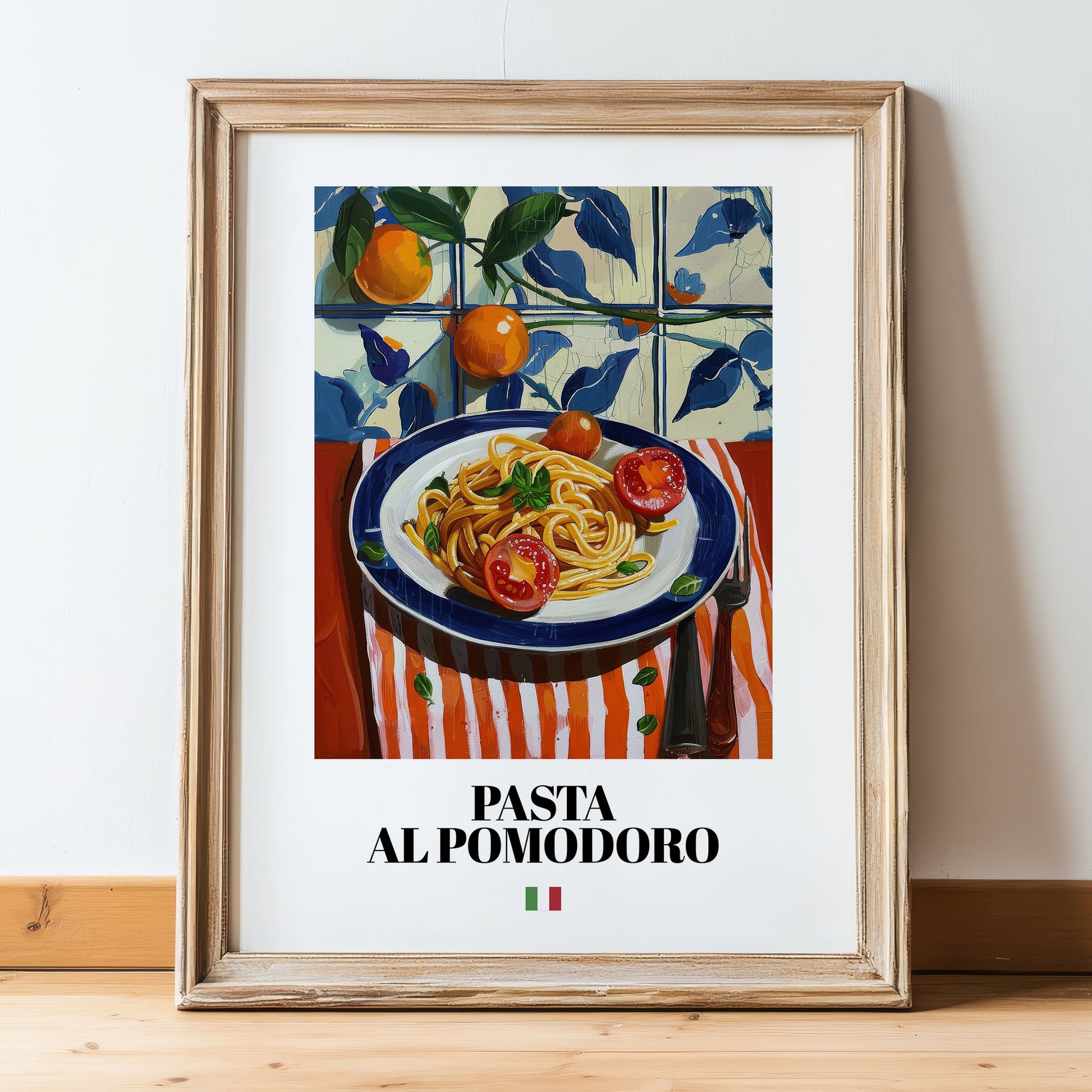 Pasta al pomodoro – Italian Pasta, Osteria Illustration, in wooden frame leaning on the floor
