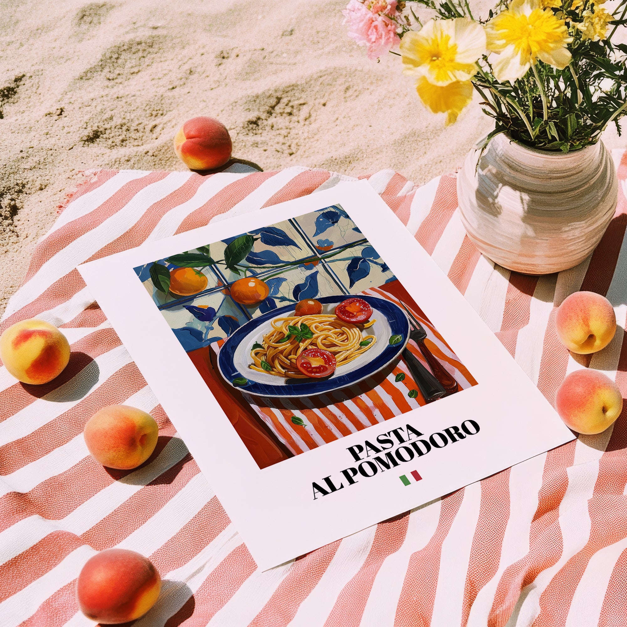 Pasta al pomodoro – Italian Pasta, Osteria Illustration, unframed on coastal sand
