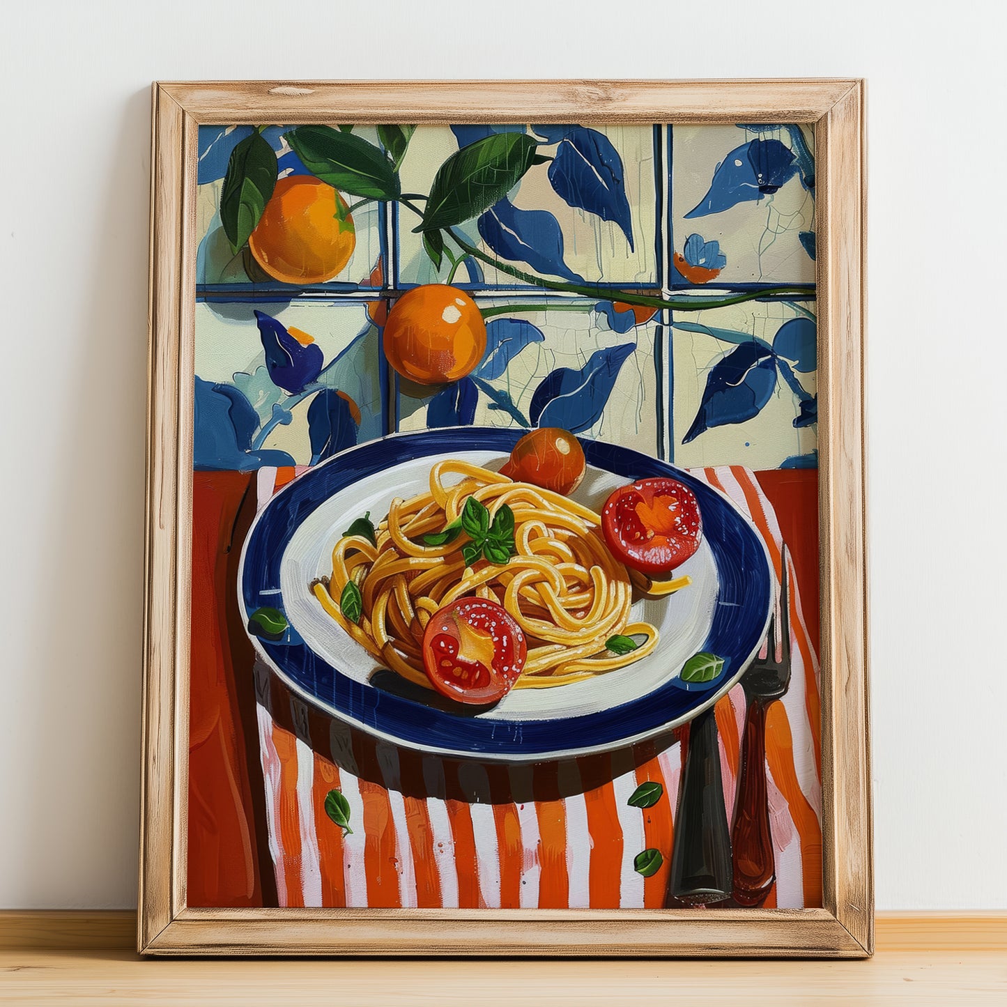 Pasta al pomodoro – Italian Pasta, Osteria Illustration, no-text version framed in wood