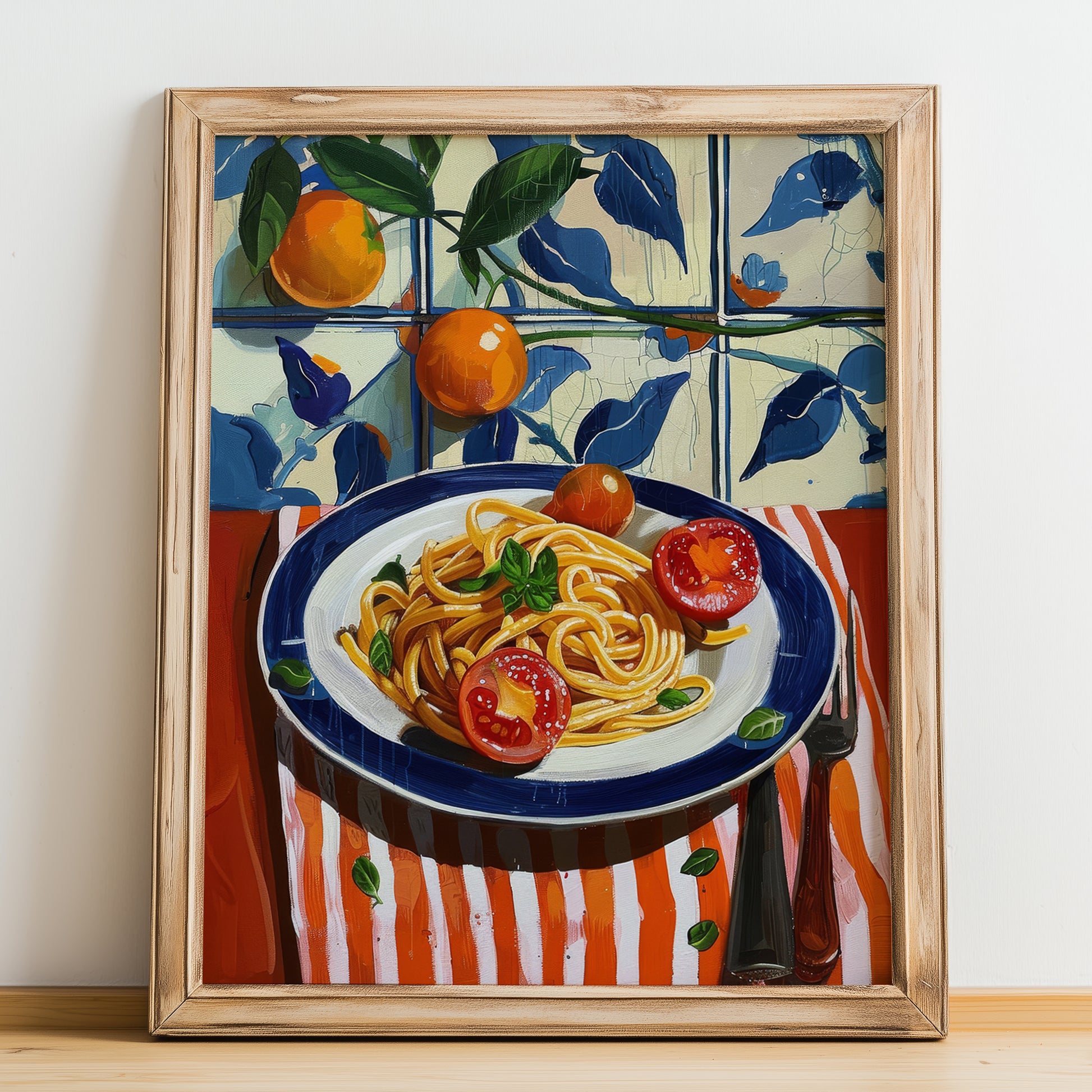 Pasta al pomodoro – Italian Pasta, Osteria Illustration, no-text version framed in wood
