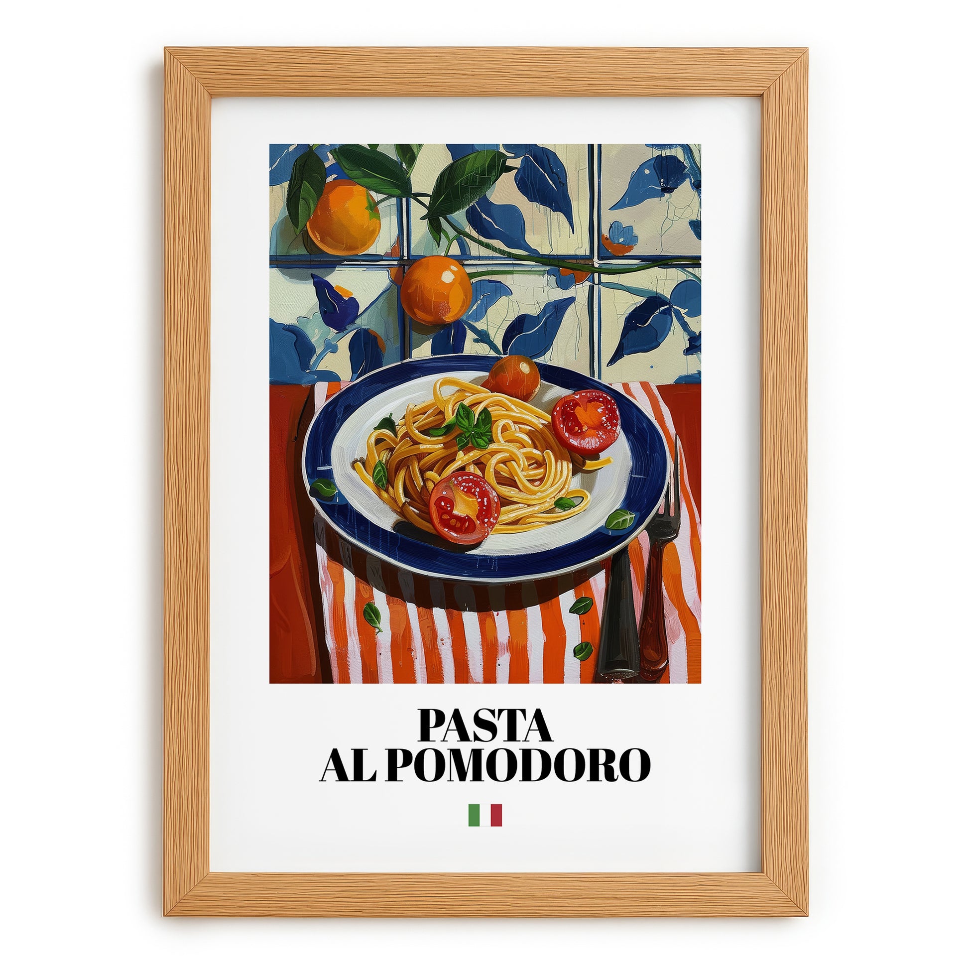 Pasta al pomodoro – Italian Pasta, Osteria Illustration, set in oak frame