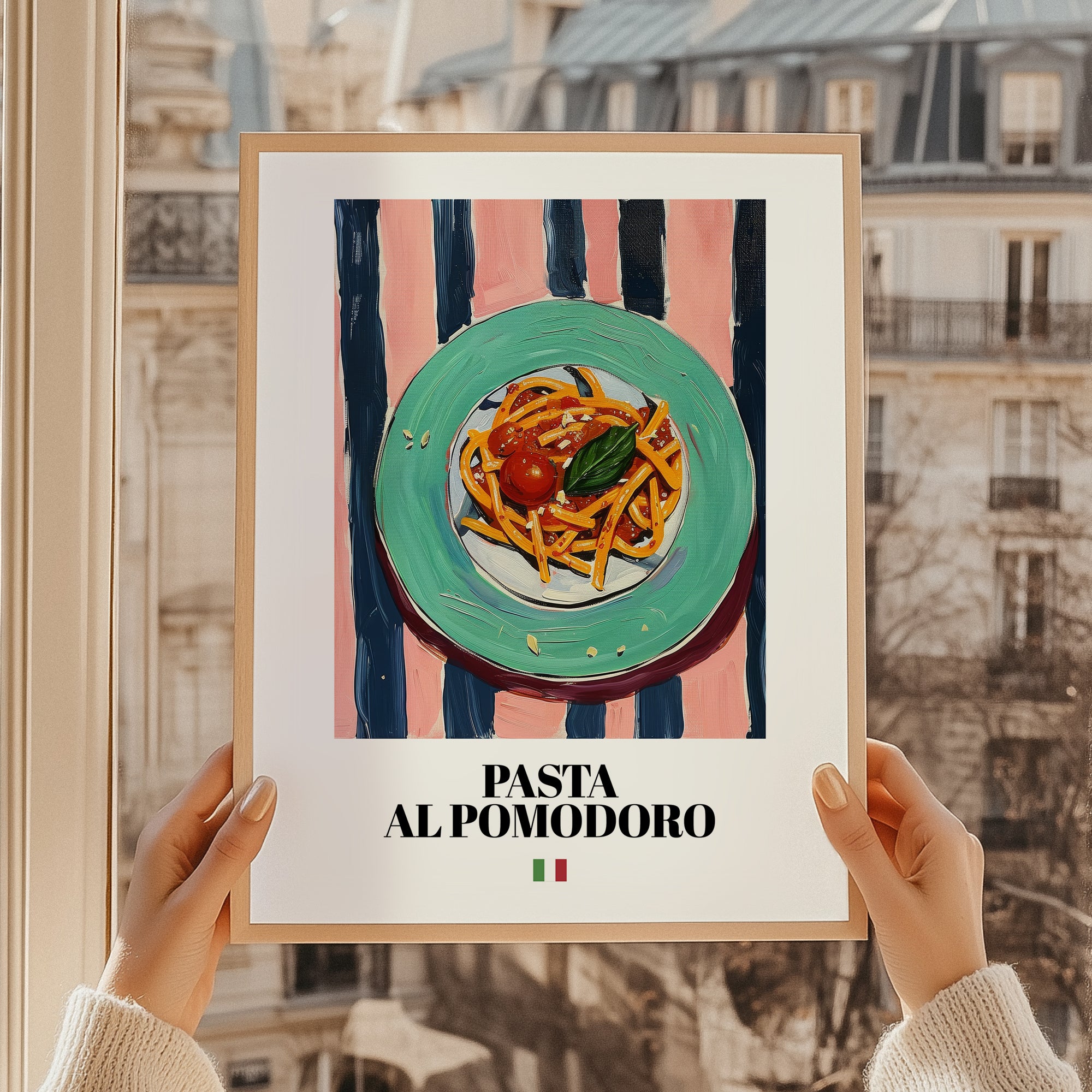 Pasta al pomodoro – Italian Pasta, Osteria Painting, styled in a charming Paris street view