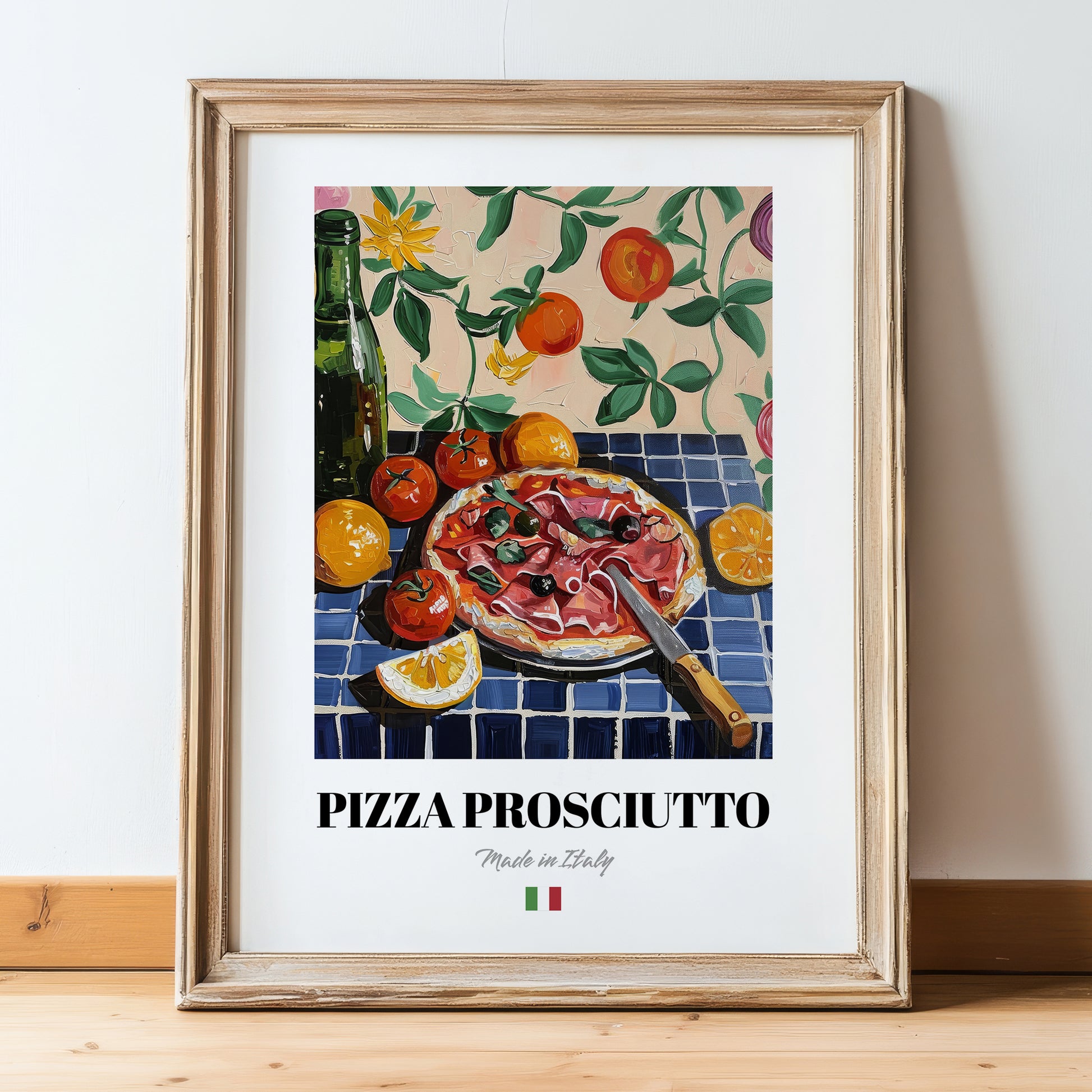 Pizza prosciutto – Italian Pizza, Restaurant Art, in wooden frame leaning on the floor