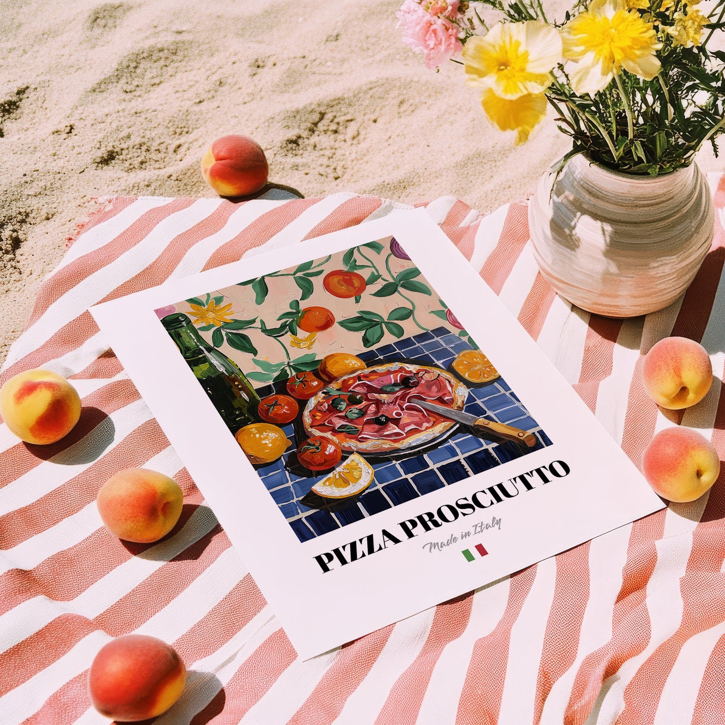 Pizza prosciutto – Italian Pizza, Restaurant Art, unframed on coastal sand