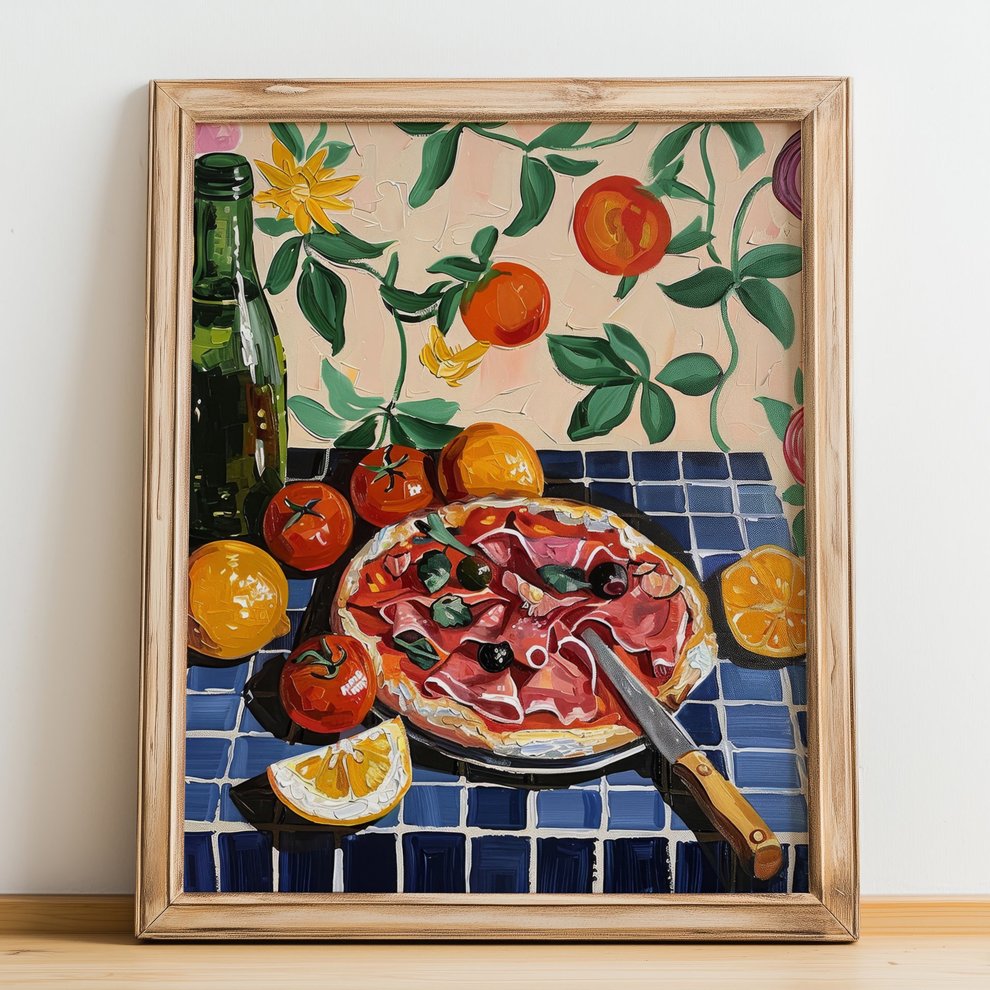 Pizza prosciutto – Italian Pizza, Restaurant Art, no-text version framed in wood