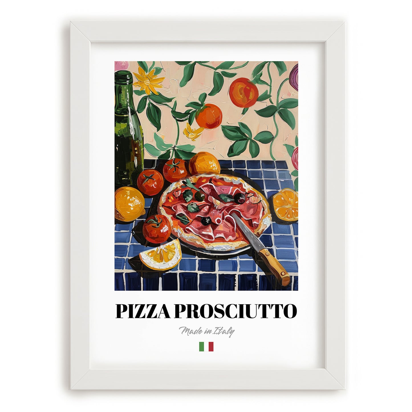 Pizza prosciutto – Italian Pizza, Restaurant Art, placed in minimal white frame